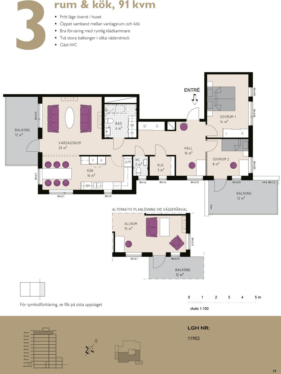 m BH 0,70 m VARDAGSRUM 1 K/F ST G SOVRUM 11 L SG DM KÖK HALL BAD EL/IT KM ENTRÉ 0 1 5 m För symbolförklaring, se flik på sista uppslaget skala