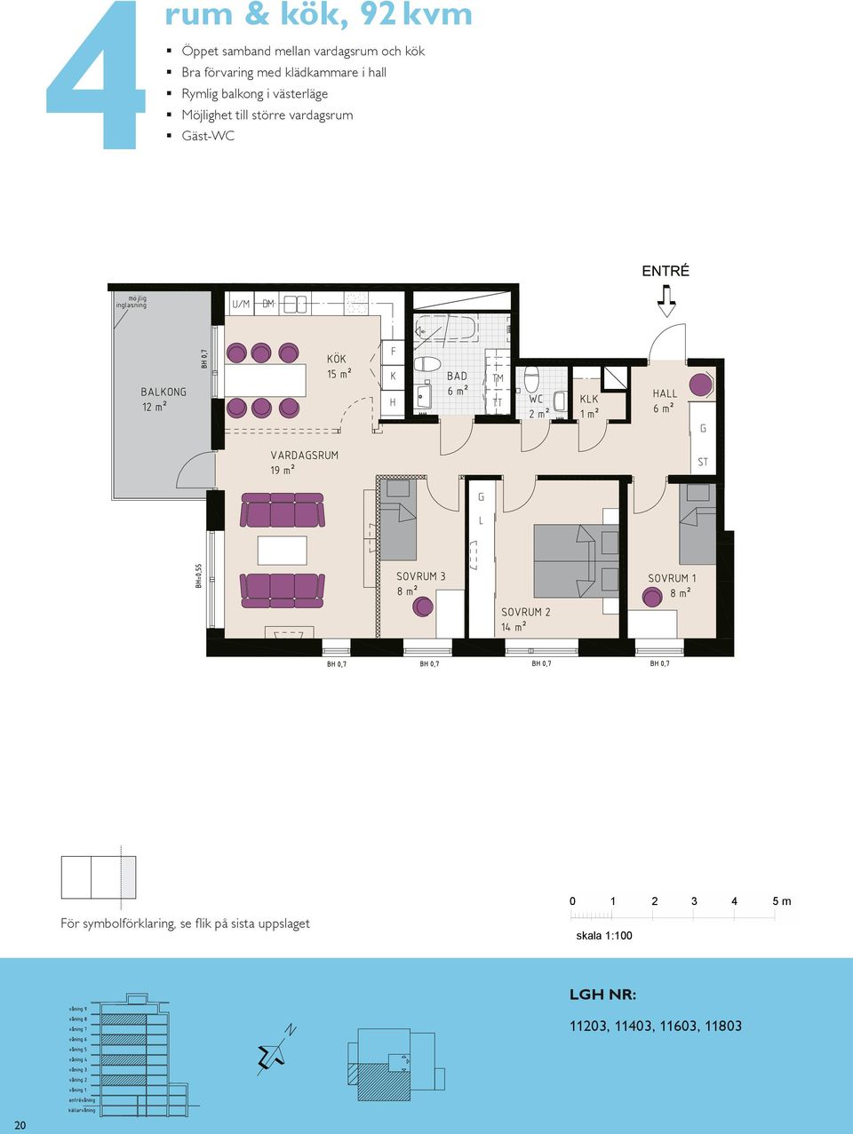 KM ENTRÉ 0 1 5 m För symbolförklaring, se flik på sista uppslaget skala 1:100 0 våning tr våning 1 tr källarvåning västra TR1 TR N gård TR TR östra 110, 110, 1160, 1180 1100 100
