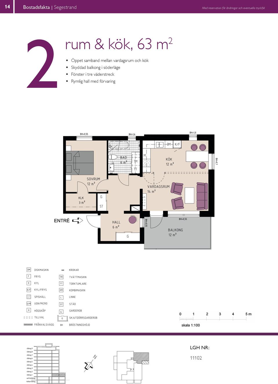 två Balkong mot gård Rymlig hall med förvaring BALKONG 8 BH 0,55 m BH 0,70 m VARDAGSRUM 14 K/F ST G SOVRUM 11 L SG DM KÖK HALL BAD EL/IT KM