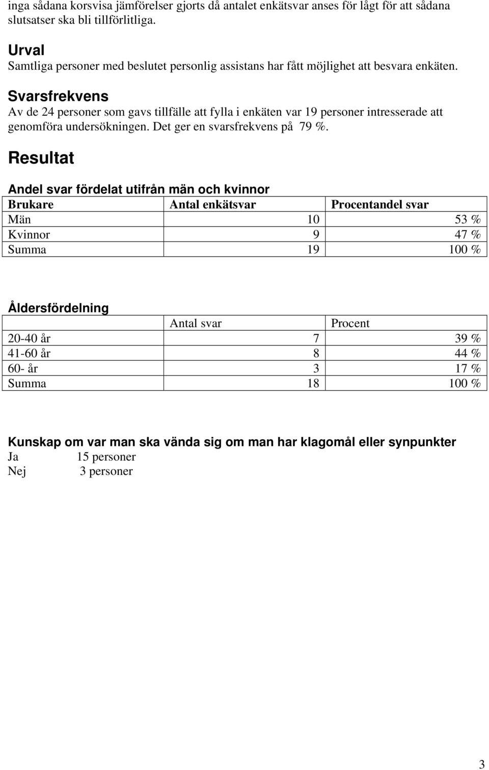 Svarsfrekvens Av de 24 personer som gavs tillfälle att fylla i enkäten var 19 personer intresserade att genomföra undersökningen. Det ger en svarsfrekvens på 79 %.