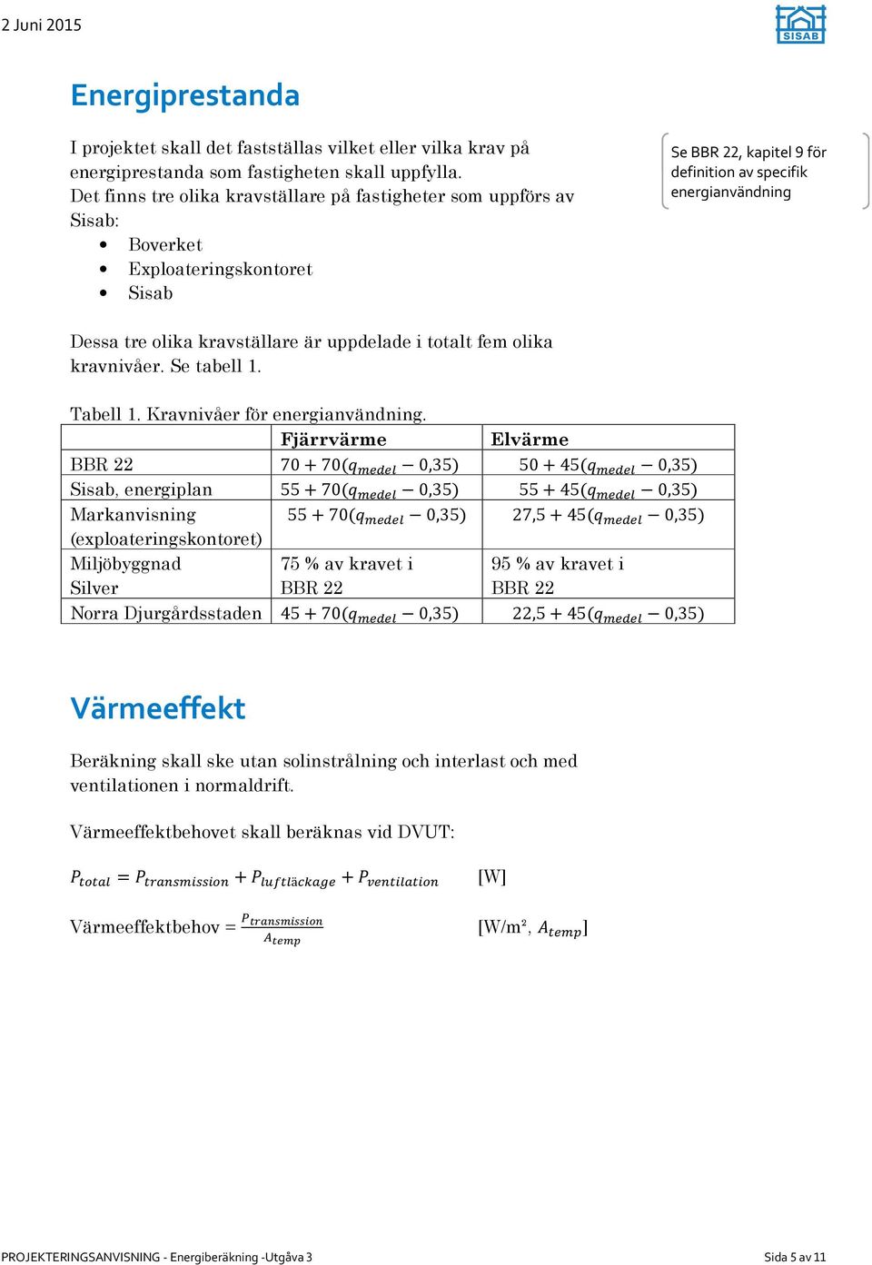 kravställare är uppdelade i totalt fem olika kravnivåer. Se tabell 1. Tabell 1. Kravnivåer för energianvändning.