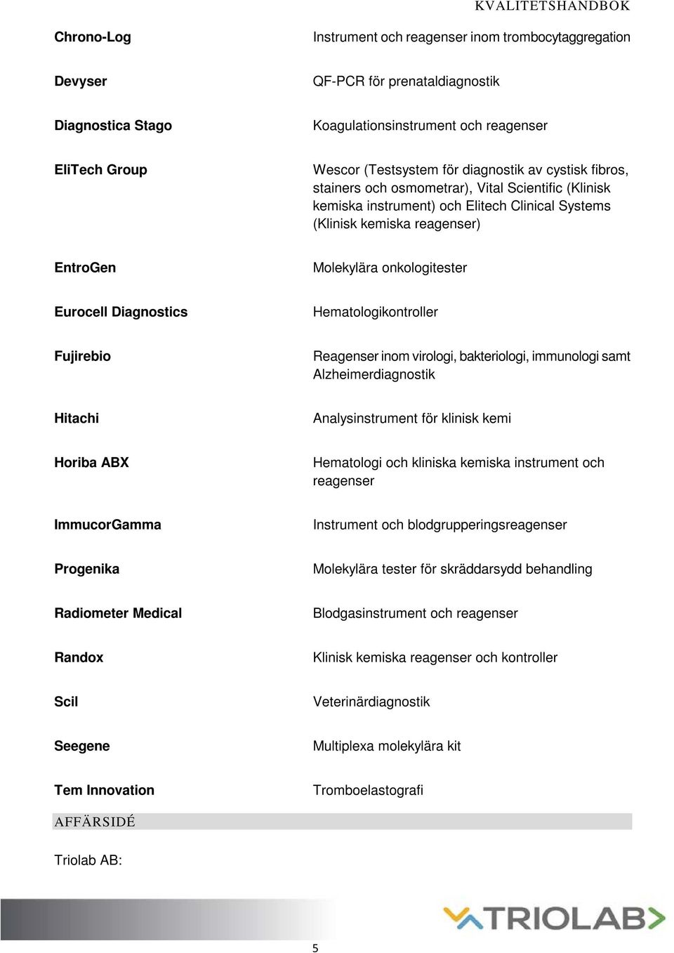 Eurocell Diagnostics Hematologikontroller Fujirebio Reagenser inom virologi, bakteriologi, immunologi samt Alzheimerdiagnostik Hitachi Analysinstrument för klinisk kemi Horiba ABX Hematologi och