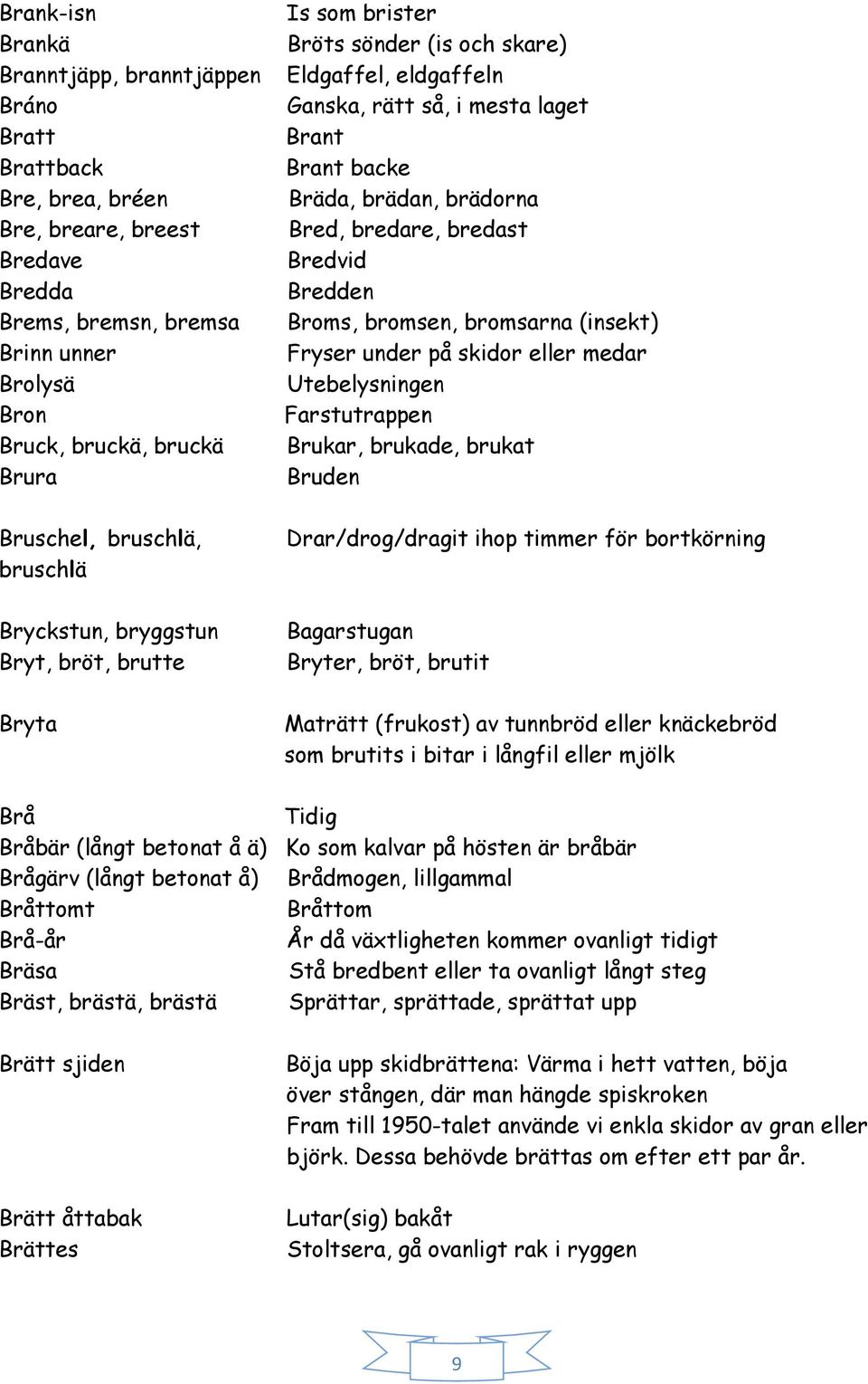 brädan, brädorna Bred, bredare, bredast Bredvid Bredden Broms, bromsen, bromsarna (insekt) Fryser under på skidor eller medar Utebelysningen Farstutrappen Brukar, brukade, brukat Bruden