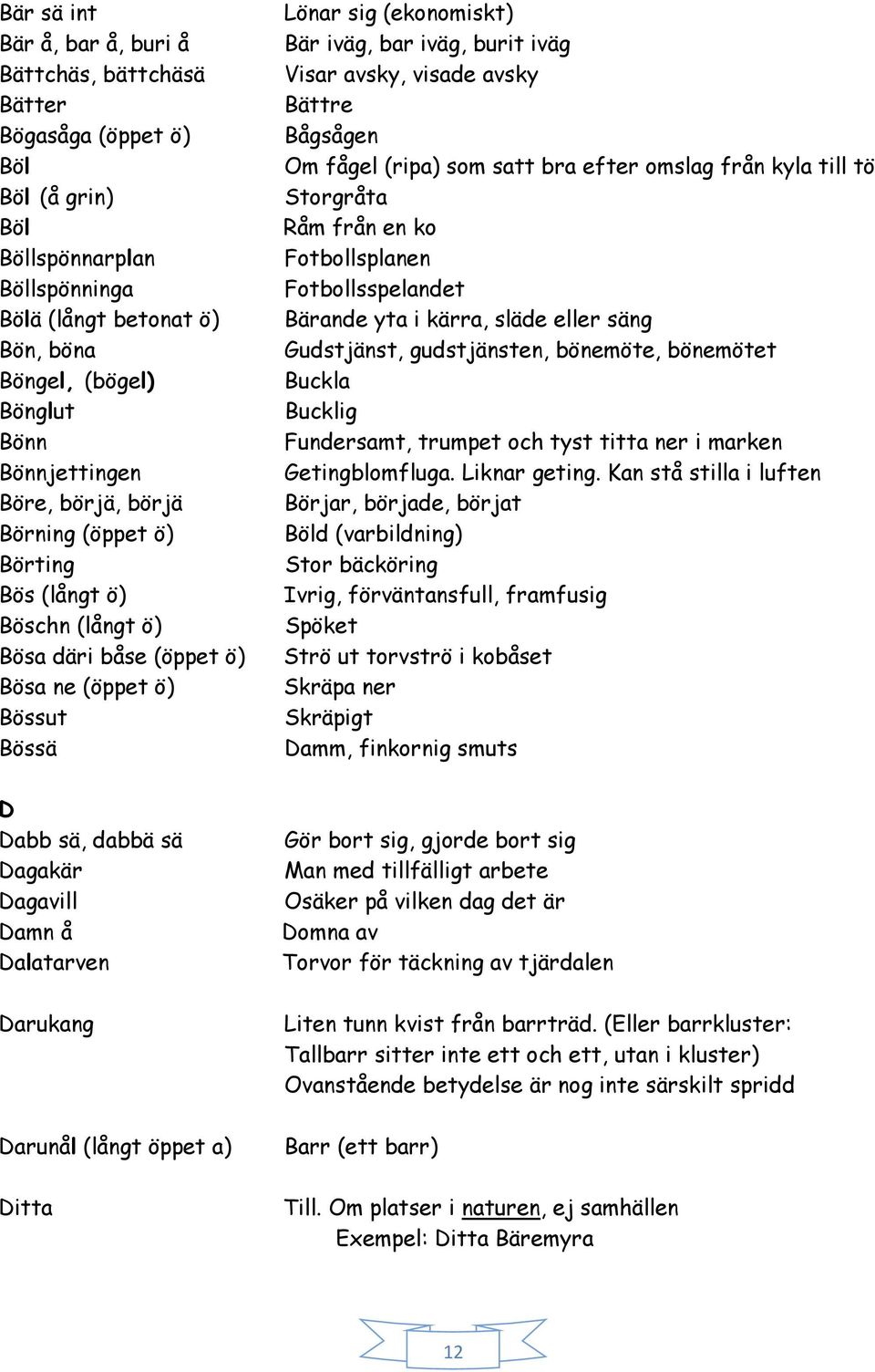 Dalatarven Darukang Darunål (långt öppet a) Ditta Lönar sig (ekonomiskt) Bär iväg, bar iväg, burit iväg Visar avsky, visade avsky Bättre Bågsågen Om fågel (ripa) som satt bra efter omslag från kyla