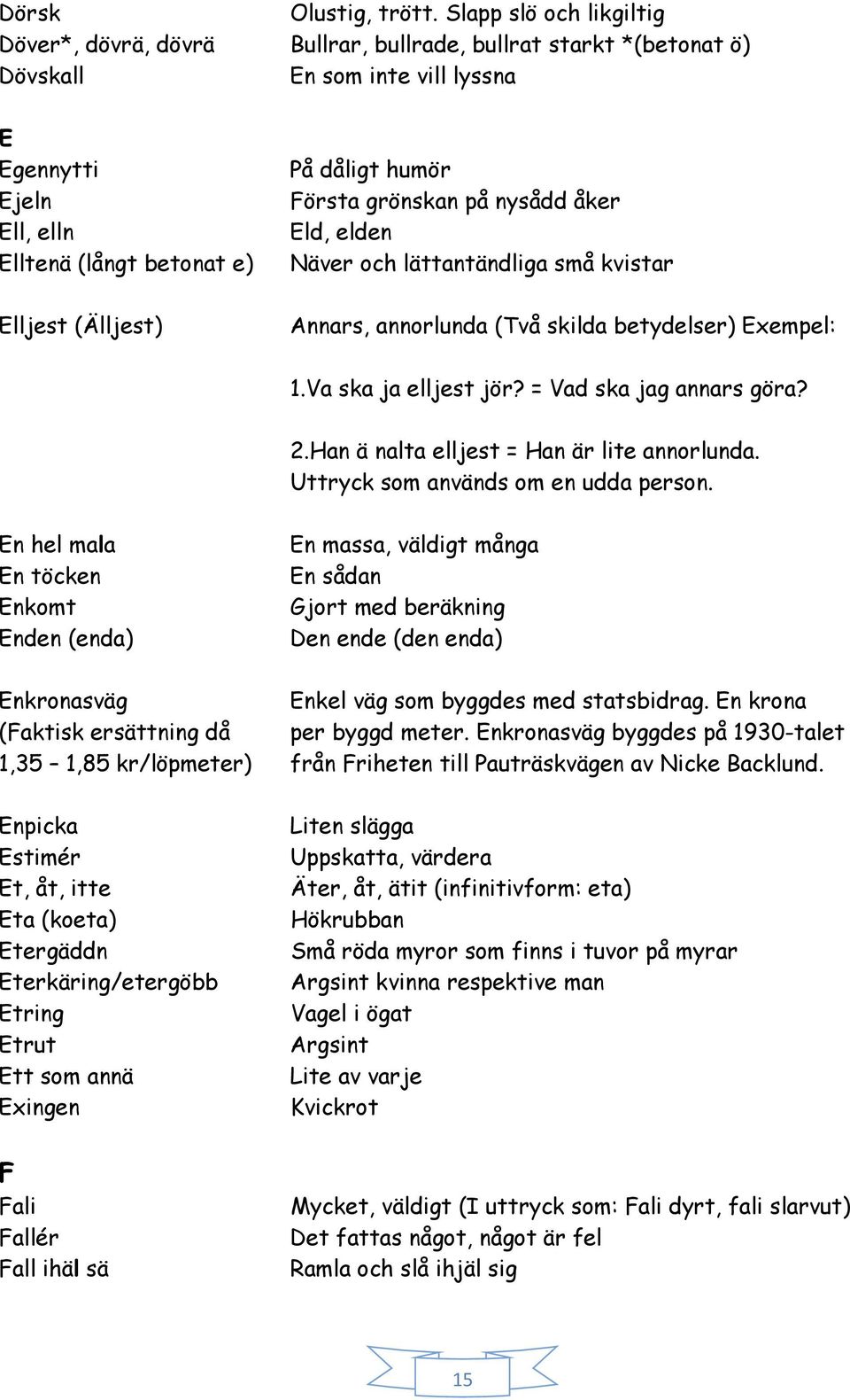 dåligt humör Första grönskan på nysådd åker Eld, elden Näver och lättantändliga små kvistar Annars, annorlunda (Två skilda betydelser) Exempel: 1.Va ska ja elljest jör? = Vad ska jag annars göra? 2.