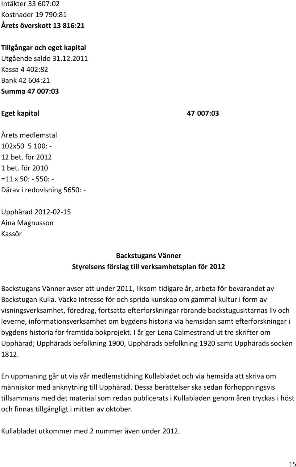 för 2010 =11 x 50: - 550: - Därav i redovisning 5650: - Upphärad 2012-02-15 Aina Magnusson Kassör Backstugans Vänner Styrelsens förslag till verksamhetsplan för 2012 Backstugans Vänner avser att