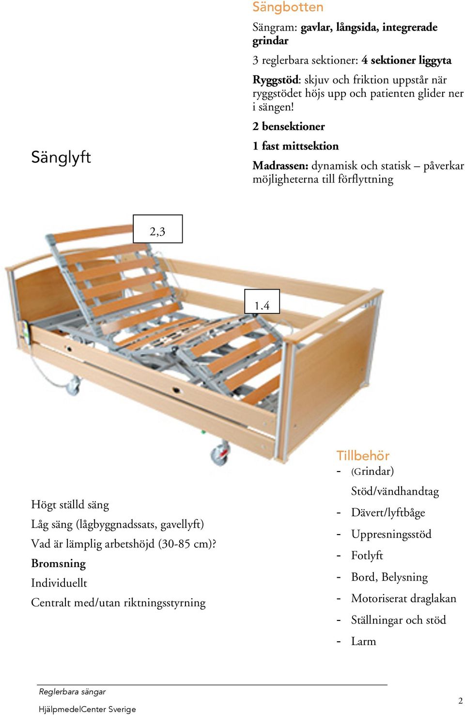 2 bensektioner 1 fast mittsektion Madrassen: dynamisk och statisk påverkar möjligheterna till förflyttning 2,3 1,4 Högt ställd säng Låg säng