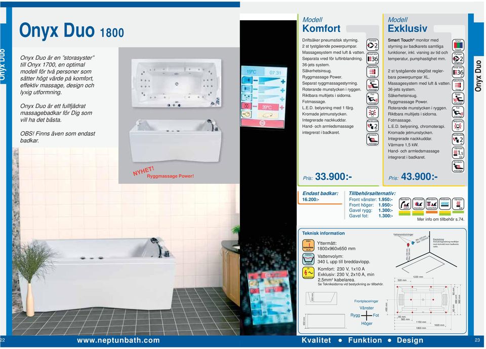 Integrerade nackkuddar. Hand- och armledsmassage integrerat i badkaret. 2 st tystgående steglöst reglerbara powerpumpar XL. 36-jets system. Ryggmassage Power. Integrerade nackkuddar.
