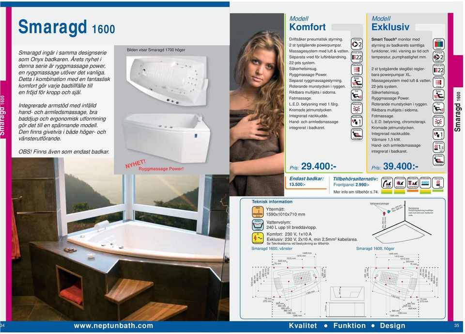 Integrerade armstöd med infälld hand- och armledsmassage, bra baddjup och ergonomisk utformning gör det till en spännande modell. Den fi nns givetvis i både höger- och vänsterutförande. OBS!