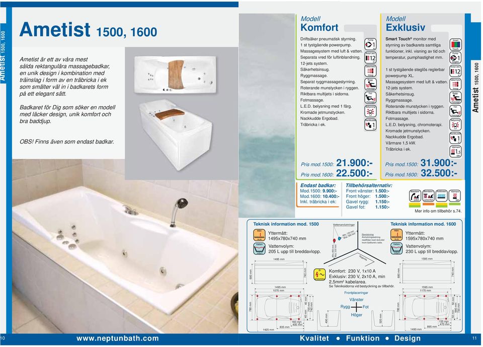 OBS! Finns även som endast badkar. 1 st tystgående powerpump. Nackkudde Ergobad. Träbricka i ek. 1 st tystgående steglös reglerbar powerpump XL. Nackkudde Ergobad. Träbricka i ek. Ametist 1500, 1600 Pris mod.