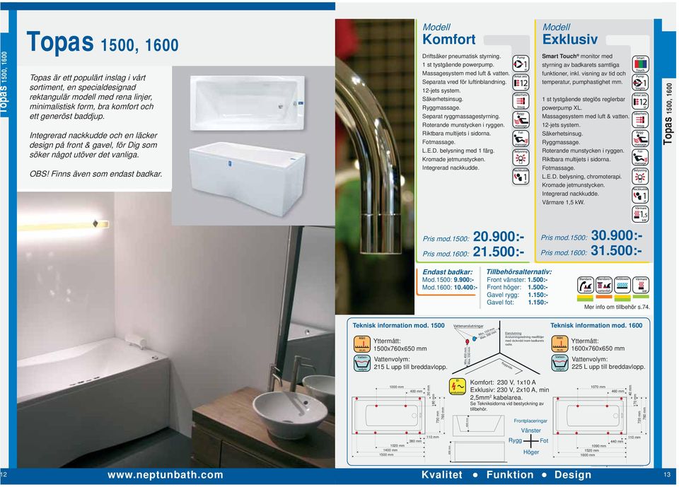 1 st tystgående steglös reglerbar powerpump XL. Topas 1500, 1600 Pris mod.1500: 20.900:- Pris mod.1600: 21.500:- Pris mod.1500: 30.900:- Pris mod.1600: 31.500:- Endast badkar: Mod.1500: 9.900:- Mod.