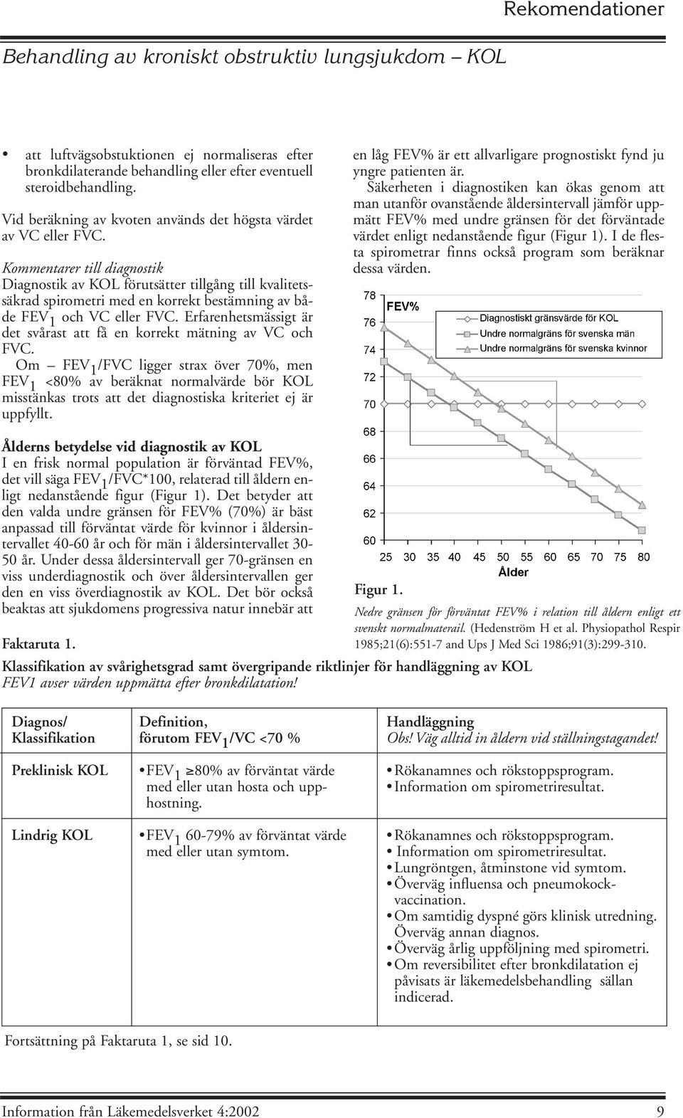 Kommentarer till diagnostik Diagnostik av KOL förutsätter tillgång till kvalitetssäkrad spirometri med en korrekt bestämning av både FEV 1 och VC eller FVC.