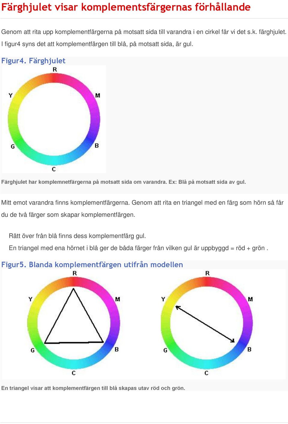 Mitt emot varandra finns komplementfärgerna. Genom att rita en triangel med en färg som hörn så får du de två färger som skapar komplementfärgen.