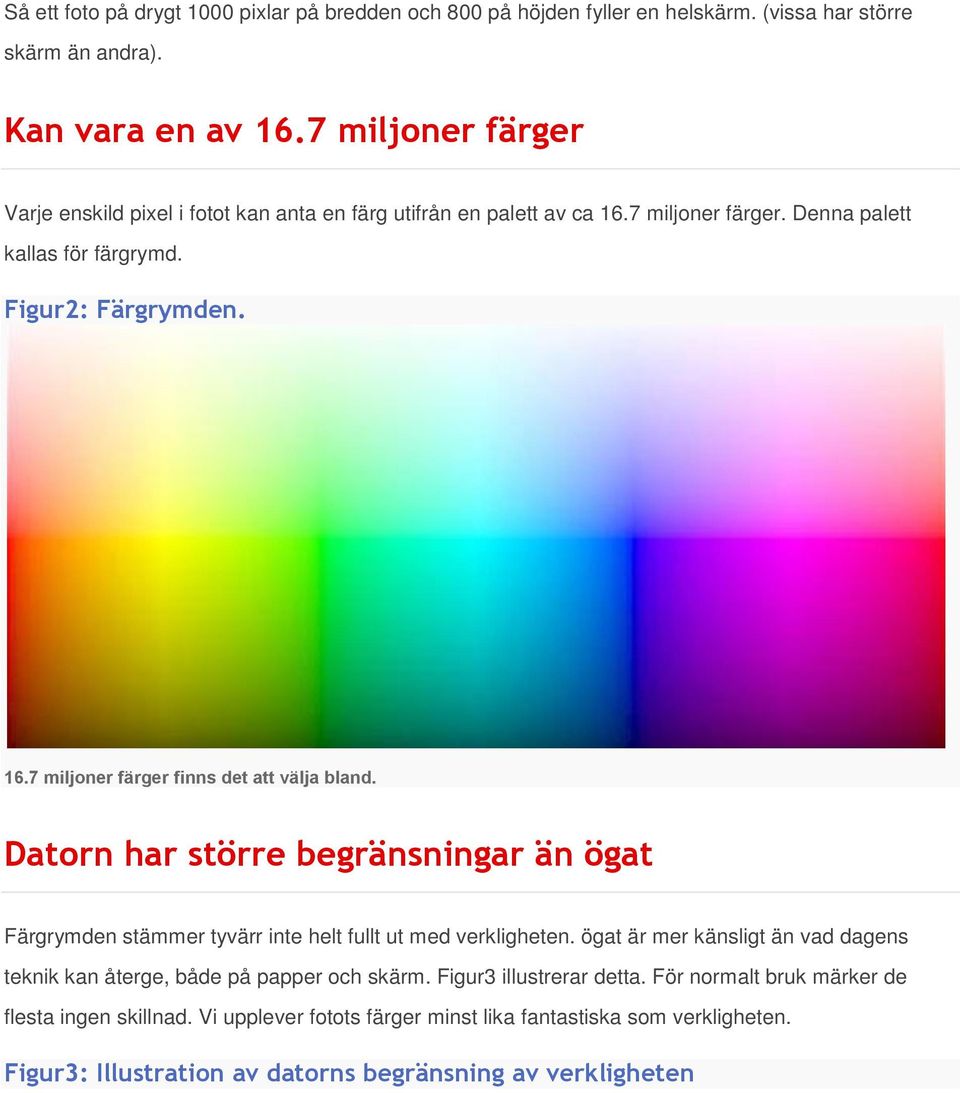 Datorn har större begränsningar än ögat Färgrymden stämmer tyvärr inte helt fullt ut med verkligheten. ögat är mer känsligt än vad dagens teknik kan återge, både på papper och skärm.