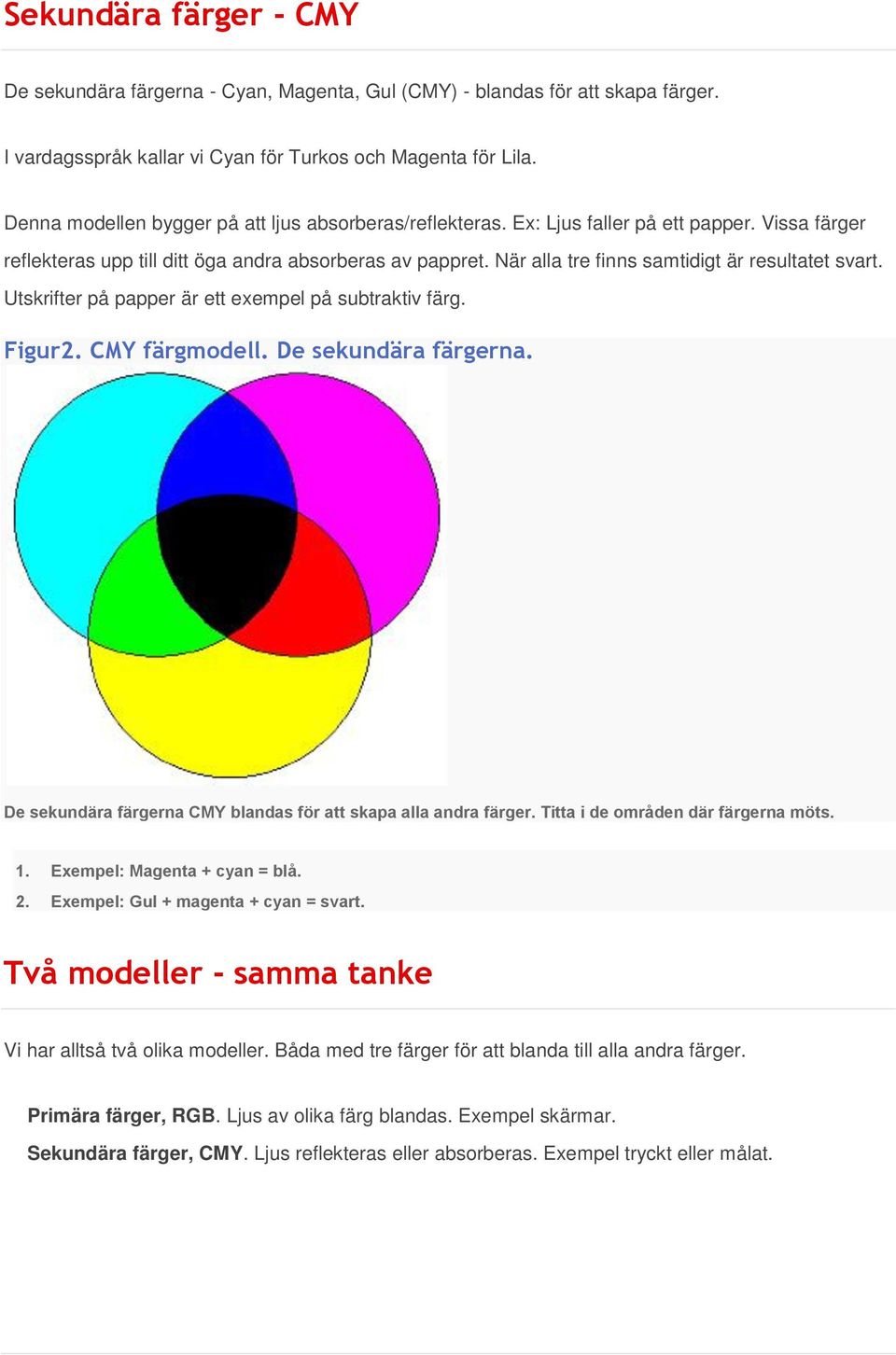 När alla tre finns samtidigt är resultatet svart. Utskrifter på papper är ett exempel på subtraktiv färg. Figur2. CMY färgmodell. De sekundära färgerna.