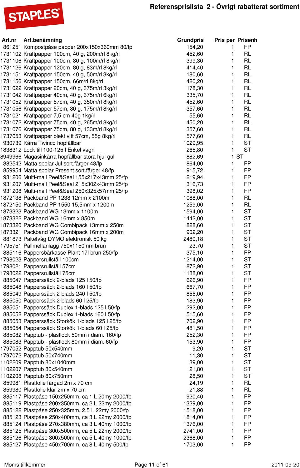 178,30 1 RL 1731042 Kraftpapper 40cm, 40 g, 375m/rl 6kg/rl 335,70 1 RL 1731052 Kraftpapper 57cm, 40 g, 350m/rl 8kg/rl 452,60 1 RL 1731056 Kraftpapper 57cm, 80 g, 175m/rl 8kg/rl 357,60 1 RL 1731021