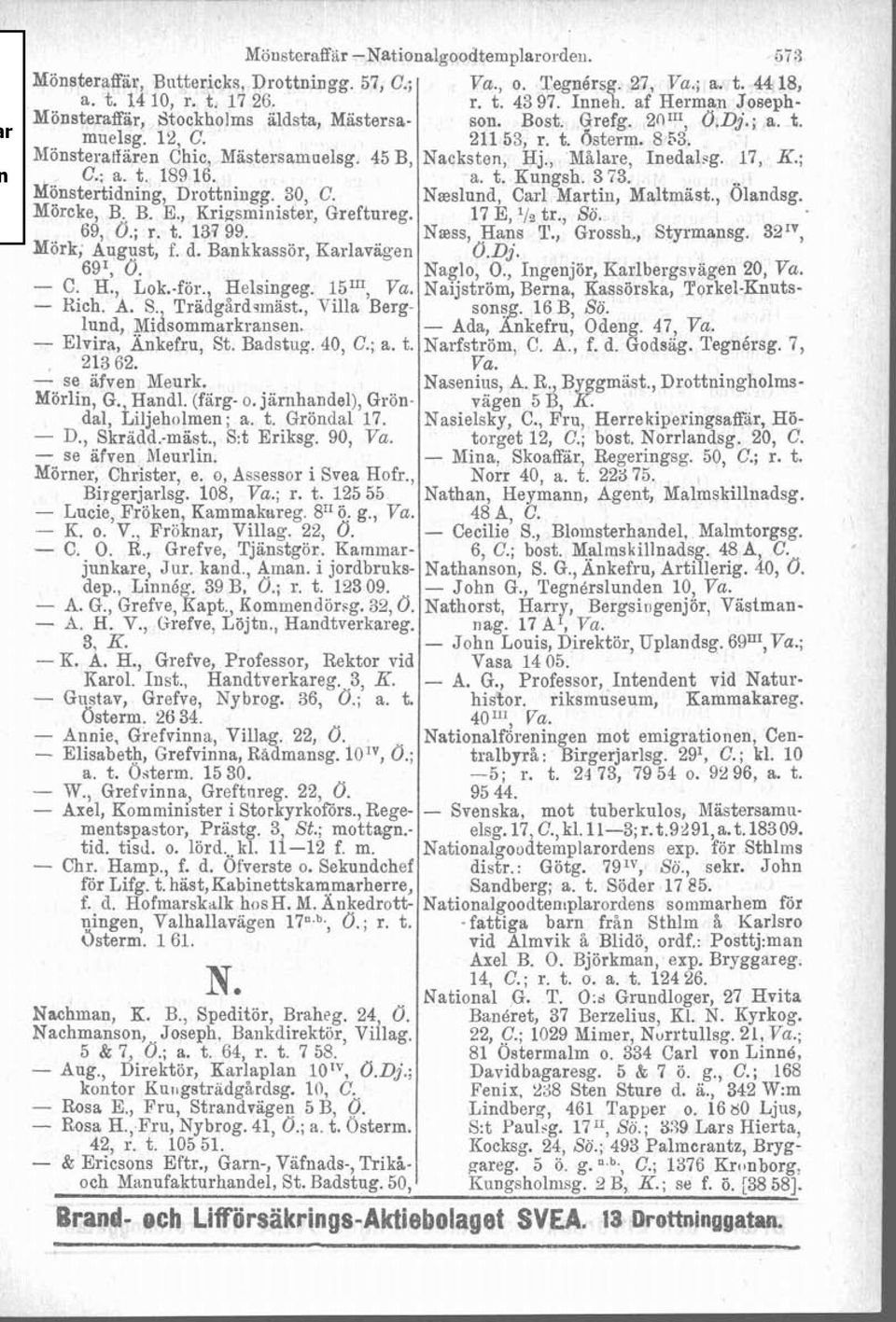 , Målare, Inedakg. 17, K.; C.; a. t. 189 16. a. t. Kungsh. 3 73. konstertidning, Drottningg. 30, C. N~slund, Carl Martin, Maltmäst., Olandsg. Mörcke, B. B. E., Krigsminister, Greftureg. 17 E, '1% tr.