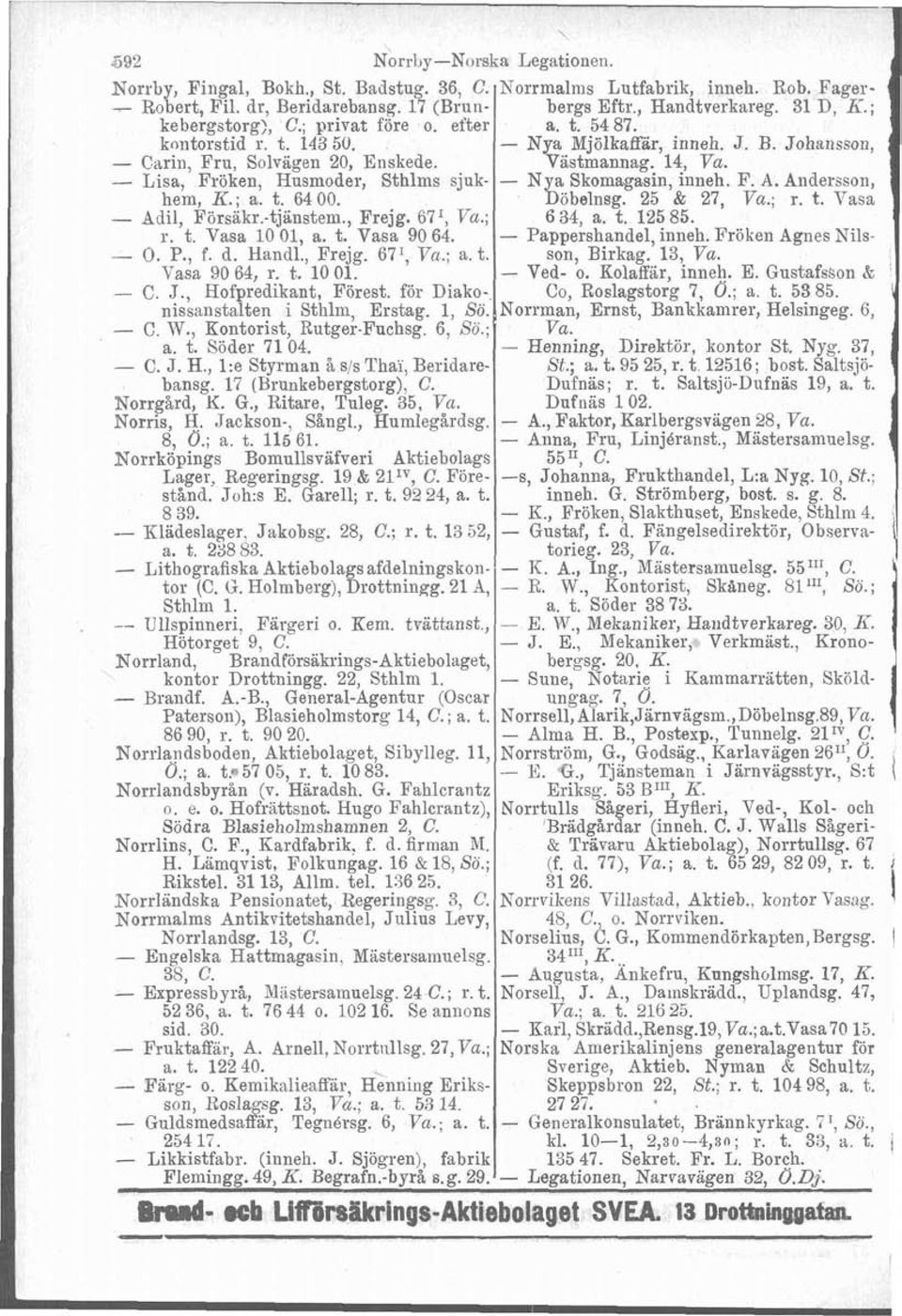 - Lisa, Fröken, Husmoder, Sthlms sjuk- - Nya Skomagasin, iiineh. F. A. Andersson, hem, K.; a. t. 64 00. Döbelnsg. 25 & 27, Va.; r. t. Vasa - Adil, Försakr.-tjänstem., Frejg. 67I, Va.; 6 34, a. t. 12585.