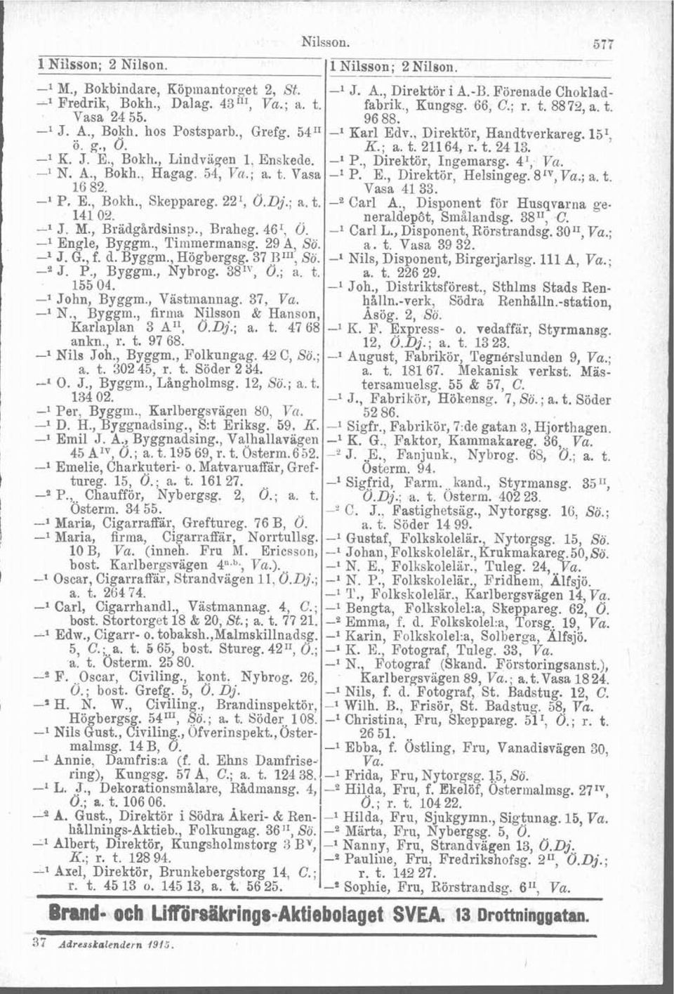 , Direktör, Ingemarsg. 4I, Va. -l N. A., Bokh., Hagag. 54, Vu.; a. t. Vasa -l P. E., Direktör, Helsingeg. 8'V,Va.; a. t. 1682. Vasa 41 33. -l P. E., Bokh., Skeppareg. 22', Ö.Dj.; a. t. Carl A.