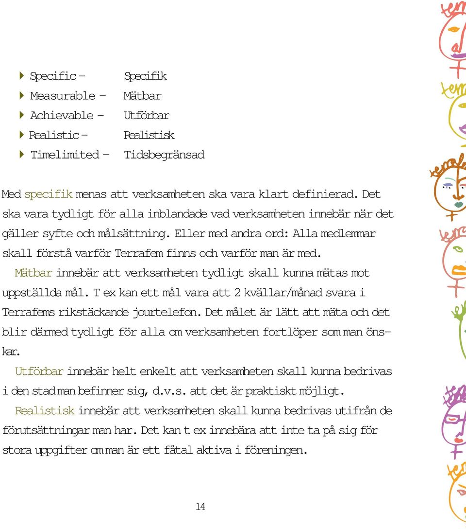 Mätbar innebär att verksamheten tydligt skall kunna mätas mot uppställda mål. T ex kan ett mål vara att 2 kvällar/månad svara i Terrafems rikstäckande jourtelefon.