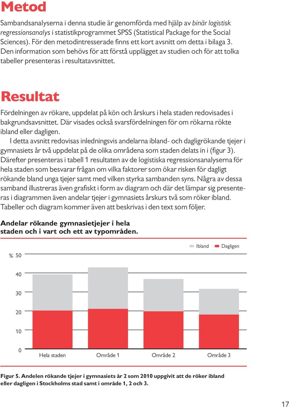 Resultat Fördelningen av rökare, uppdelat på kön och årskurs i hela staden redovisades i bakgrundsavsnittet. Där visades också svarsfördelningen för om rökarna rökte ibland eller dagligen.