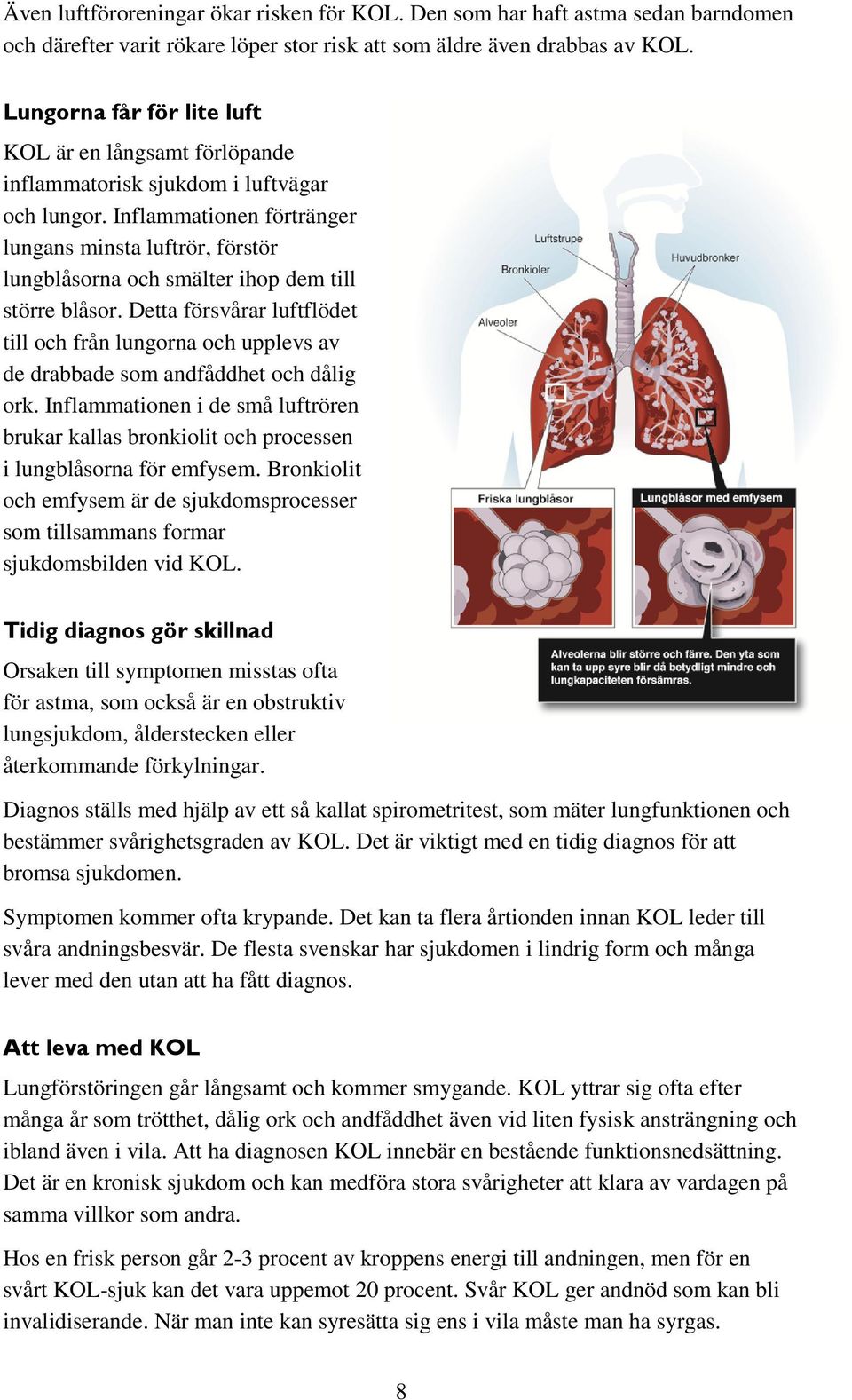 Inflammationen förtränger lungans minsta luftrör, förstör lungblåsorna och smälter ihop dem till större blåsor.