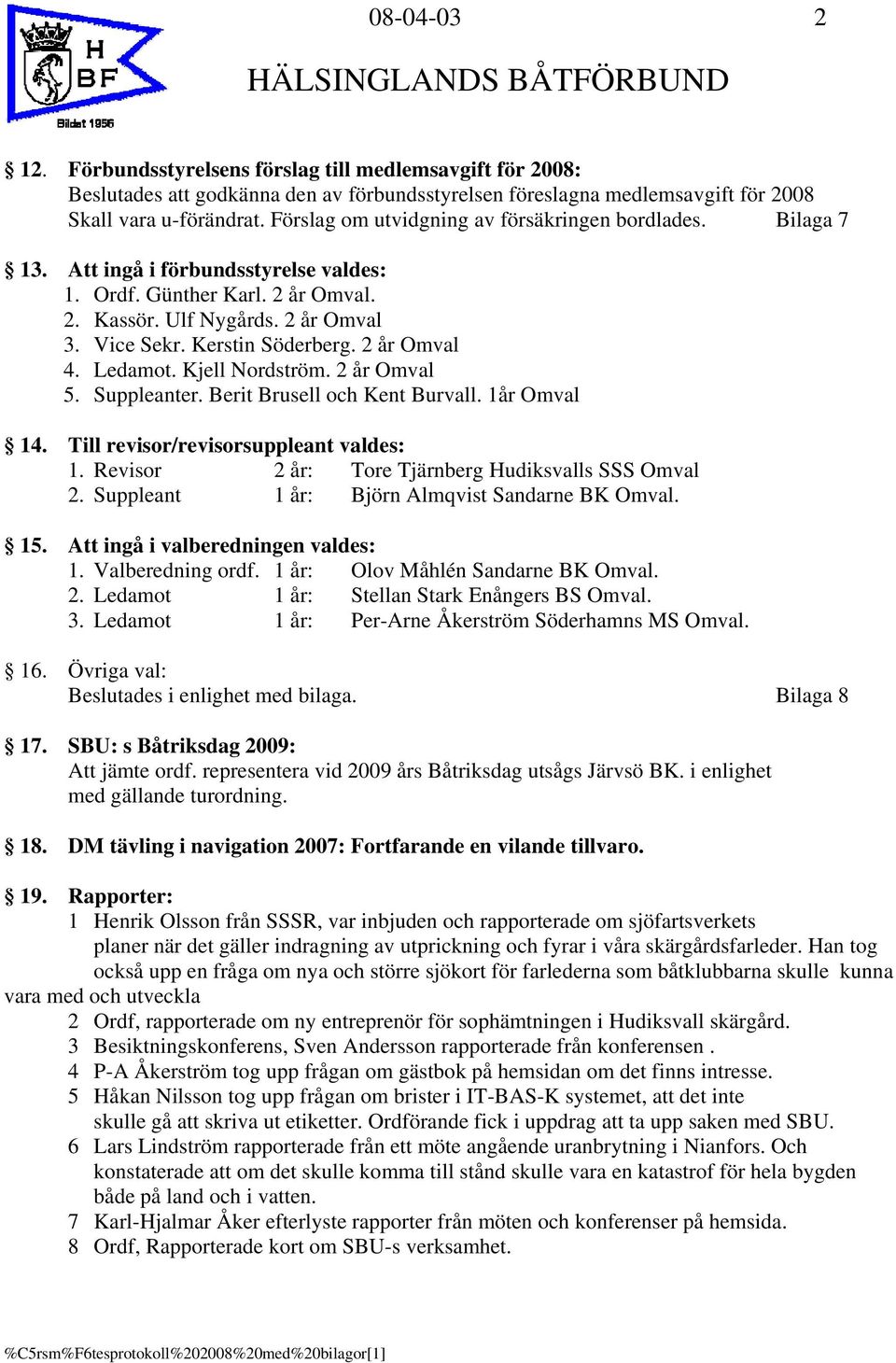 2 år Omval 4. Ledamot. Kjell Nordström. 2 år Omval 5. Suppleanter. Berit Brusell och Kent Burvall. 1år Omval 14. Till revisor/revisorsuppleant valdes: 1.