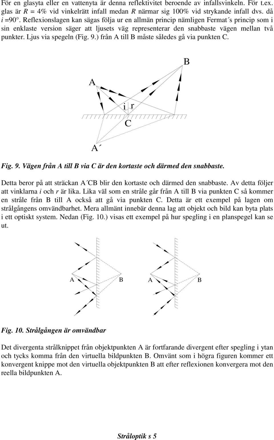 Ljus via spegeln (Fig. 9.) från A till B måste således gå via punkten C. A A Fig. 9. Vägen från A till B via C är den kortaste och därmed den snabbaste.