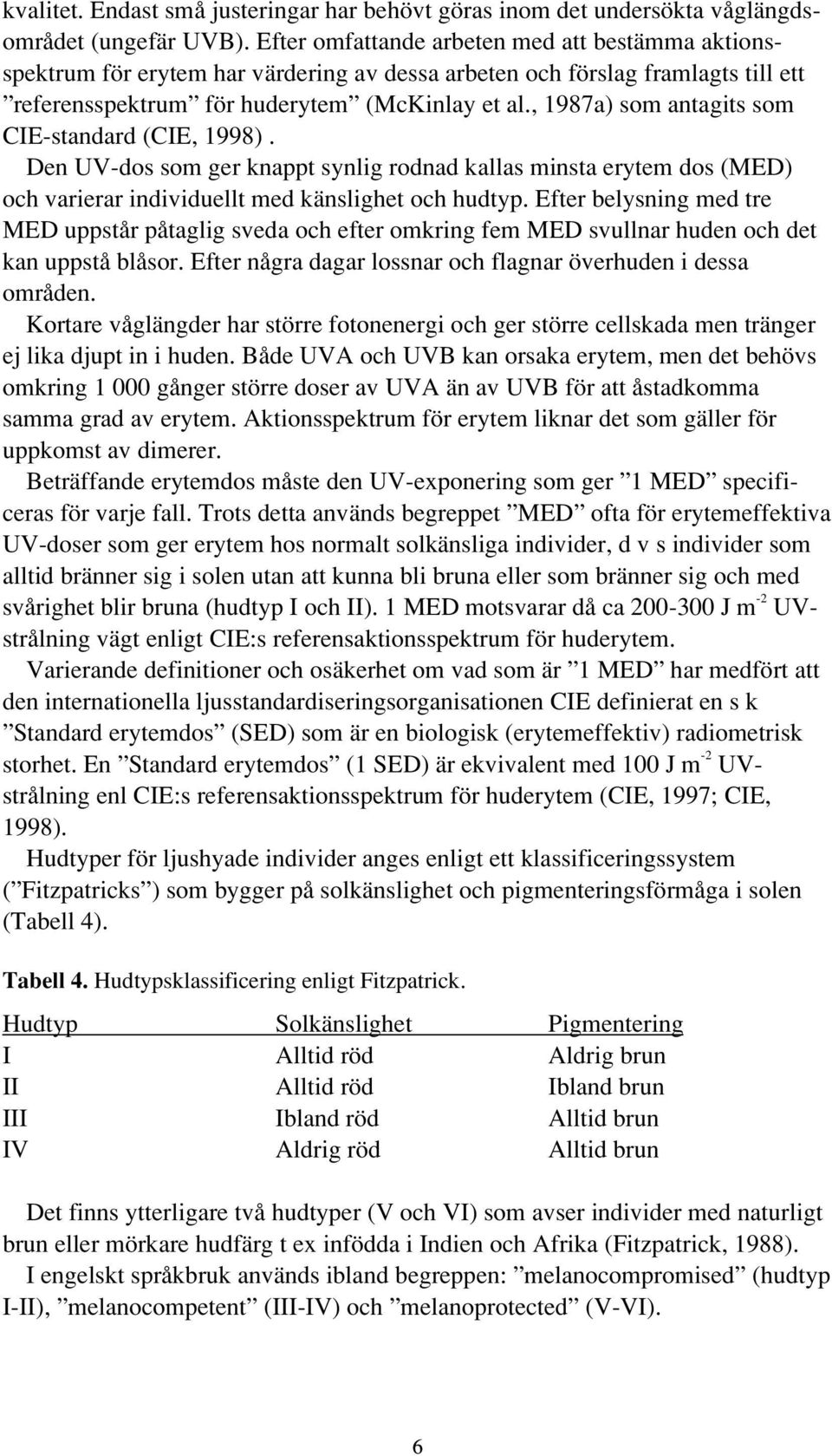 , 1987a) som antagits som CIE-standard (CIE, 1998). Den UV-dos som ger knappt synlig rodnad kallas minsta erytem dos (MED) och varierar individuellt med känslighet och hudtyp.