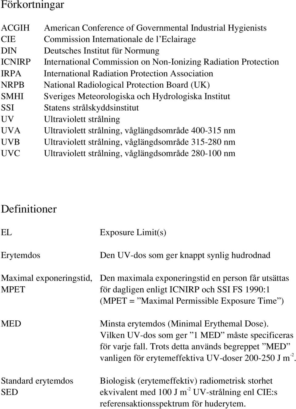 Institut Statens strålskyddsinstitut Ultraviolett strålning Ultraviolett strålning, våglängdsområde 400-315 nm Ultraviolett strålning, våglängdsområde 315-280 nm Ultraviolett strålning,