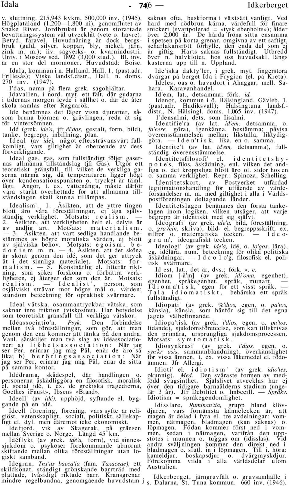 kvarnindustri. Univ. i Moscow sed. 1892 (3,000 stud.). Bl. inv. är en stor del mormoner. Huvudstad: Boise. Idala, kommun i n. Halland, Hall. 1. (past.adr. Frillesås); Viske landsf.distr., Hall. n. doms.