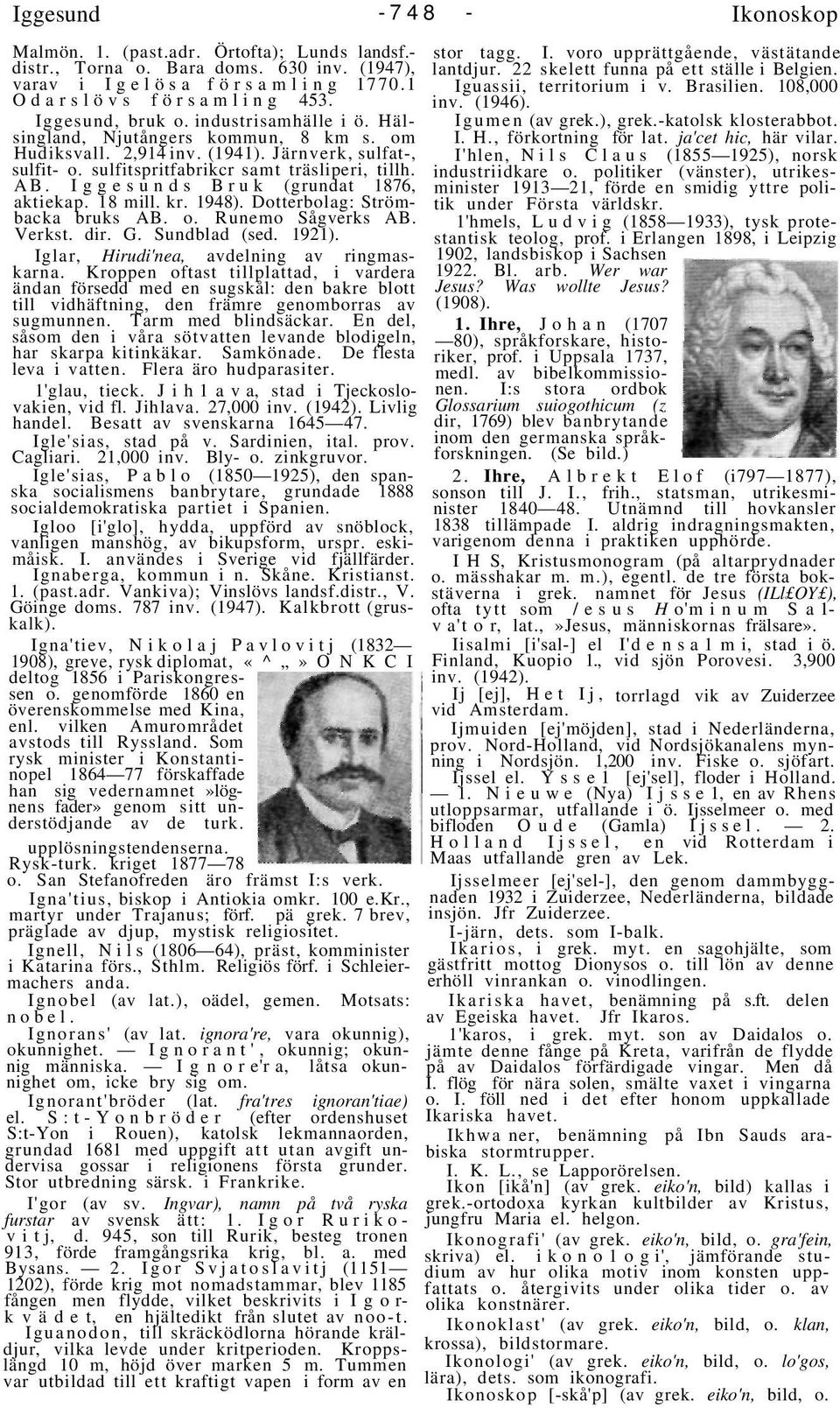 Iggesunds Bruk (grundat 1876, aktiekap. 18 mill. kr. 1948). Dotterbolag: Strömbacka bruks AB. o. Runemo Sågverks AB. Verkst. dir. G. Sundblad (sed. 1921). Iglar, Hirudi'nea, avdelning av ringmaskarna.