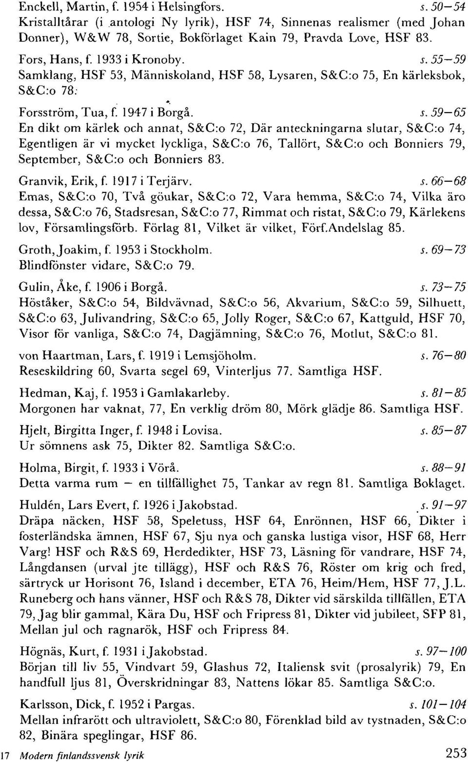 55-59 Samklang, HSF 53, Människoland, HSF 58, Lysaren, S&C:o 75, En kärleksbok, S&C:o 78: Forsström, Tua, f. 1947 i Borgå. s.