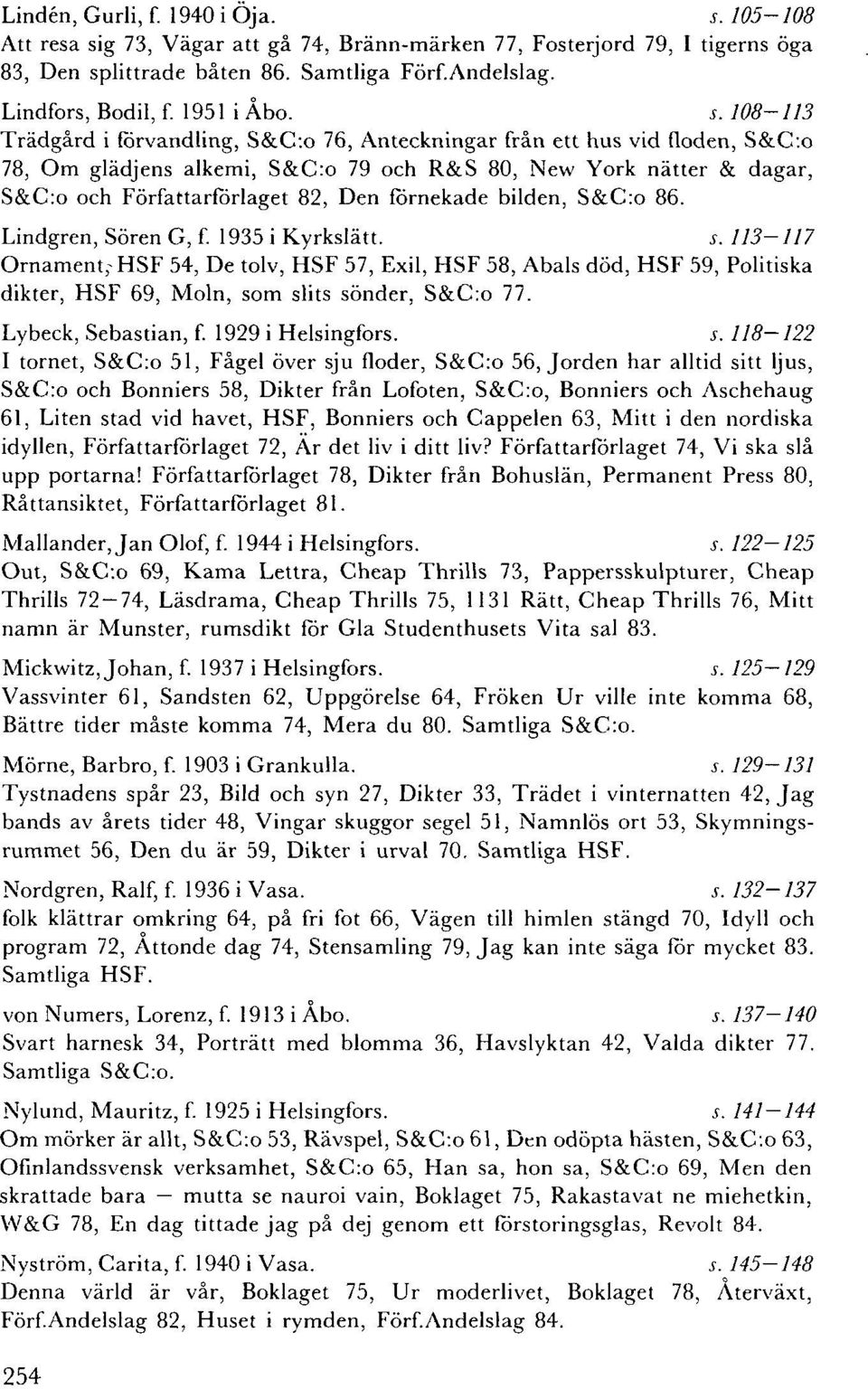 108-113 Trädgård i förvandling, S&C:o 76, Anteckningar från ett hus vid floden, S&C:o 78, Om glädjens alkemi, S&C:o 79 och R&S 80, New York nätter & dagar, S&C:o och Författarförlaget 82, Den