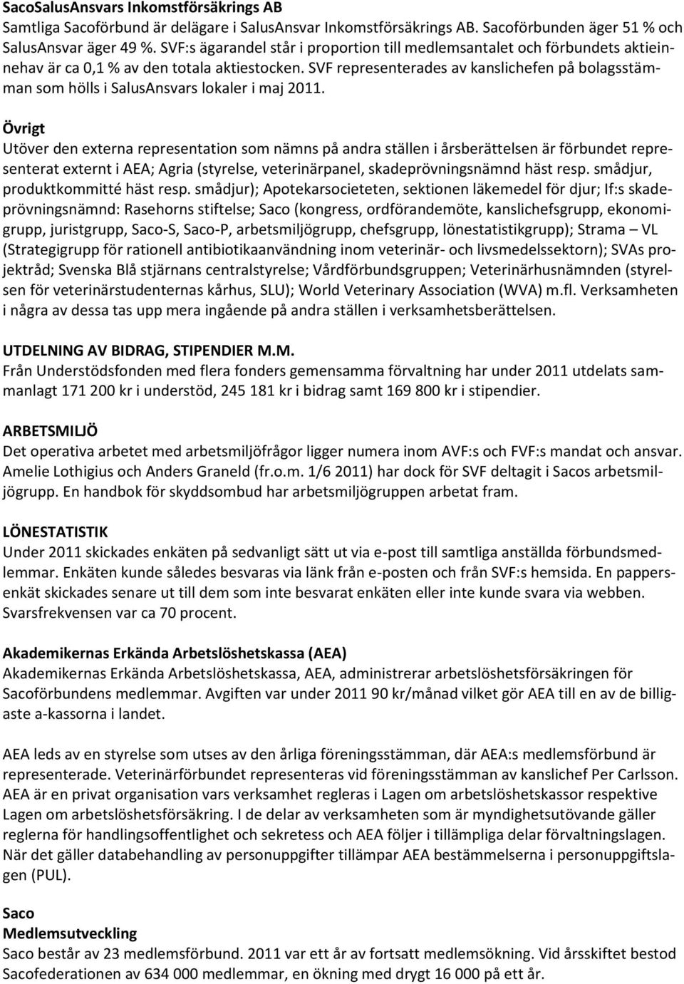 SVF representerades av kanslichefen på bolagsstämman som hölls i SalusAnsvars lokaler i maj 2011.