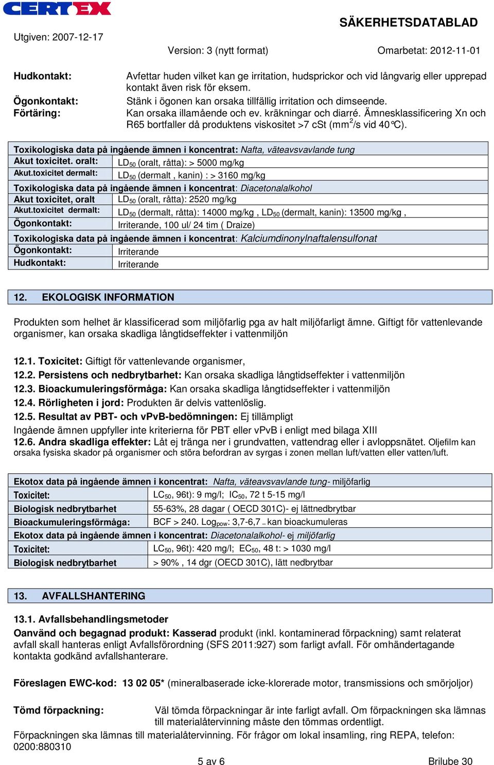 Ämnesklassificering Xn och R65 bortfaller då produktens viskositet >7 cst (mm 2 /s vid 40 C). Toxikologiska data på ingående ämnen i koncentrat: Nafta, väteavsvavlande tung Akut toxicitet.