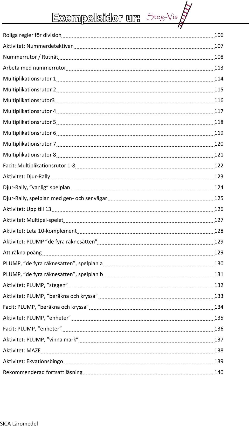 Djur-Rally, vanlig spelplan 124 Djur-Rally, spelplan med gen- och senvägar 125 Aktivitet: Upp till 13 126 Aktivitet: Multipel-spelet 127 Aktivitet: Leta 10-komplement 128 Aktivitet: PLUMP de fyra