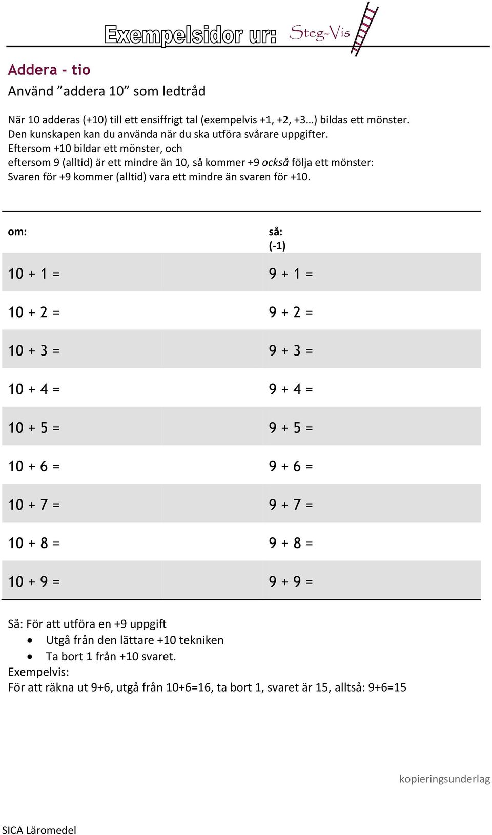 Eftersom +10 bildar ett mönster, och eftersom 9 (alltid) är ett mindre än 10, så kommer +9 också följa ett mönster: Svaren för +9 kommer (alltid) vara ett mindre än svaren för +10.