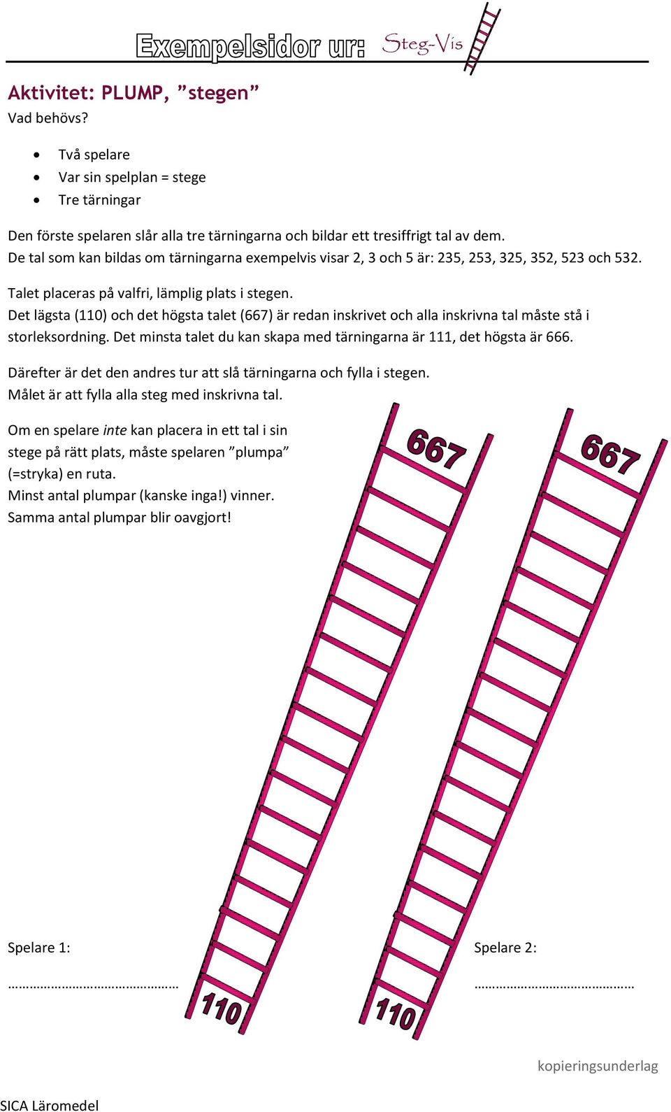Det lägsta (110) och det högsta talet (667) är redan inskrivet och alla inskrivna tal måste stå i storleksordning. Det minsta talet du kan skapa med tärningarna är 111, det högsta är 666.