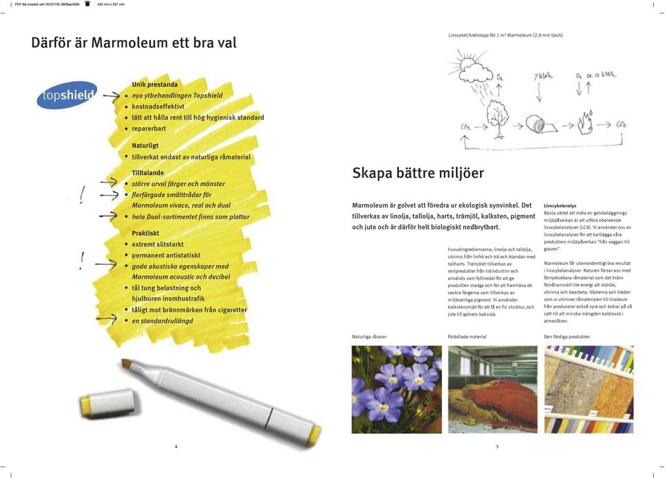 för Marmoleum vivace, real och dual hela Dual sortimentet finns som plattor Praktiskt extremt slitstarkt permanent antistatiskt goda akustiska egenskaper med Marmoleum acoustic och decibel tål tung