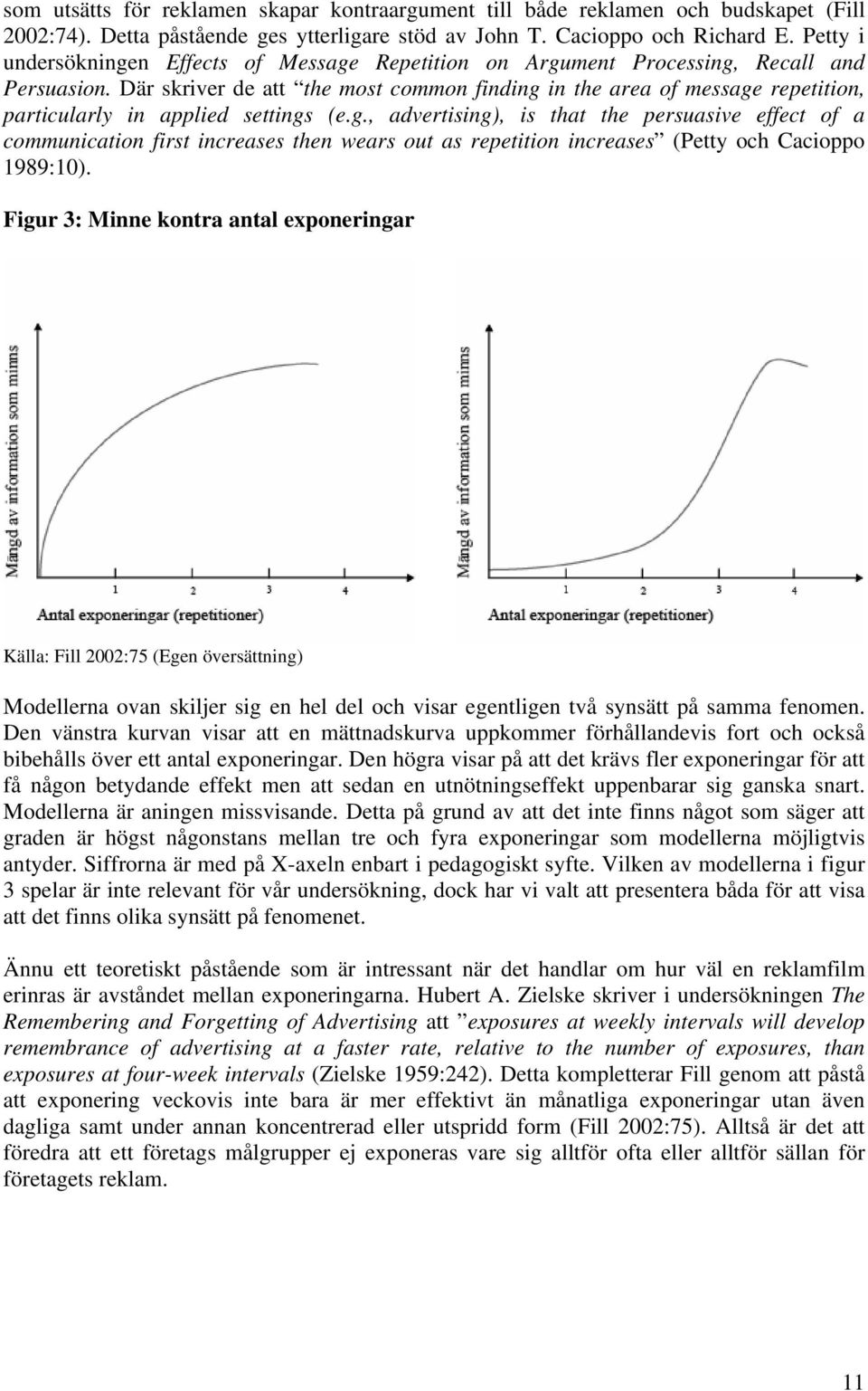 Där skriver de att the most common finding in the area of message repetition, particularly in applied settings (e.g., advertising), is that the persuasive effect of a communication first increases then wears out as repetition increases (Petty och Cacioppo 1989:10).