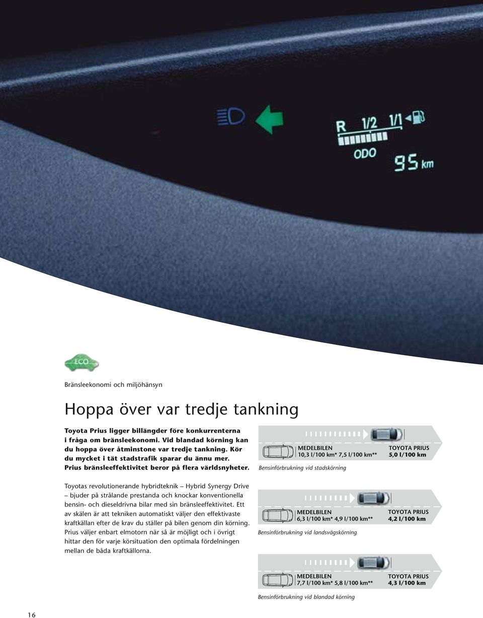 Bensinförbrukning vid stadskörning Toyotas revolutionerande hybridteknik Hybrid Synergy Drive bjuder på strålande prestanda och knockar konventionella bensin- och dieseldrivna bilar med sin