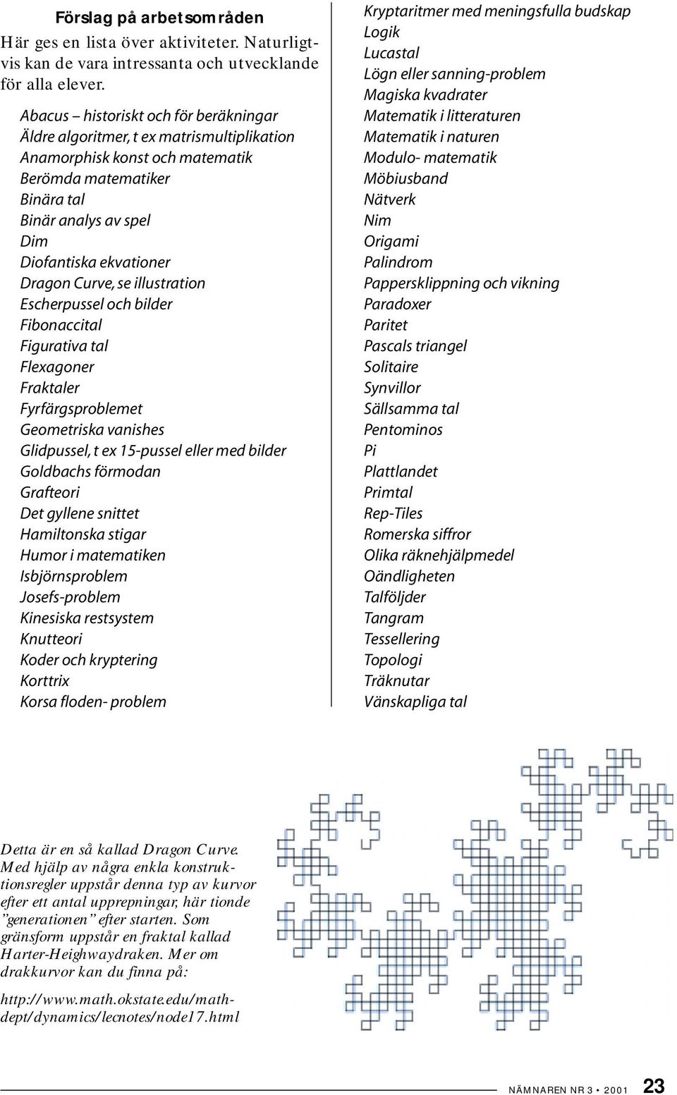 Curve, se illustration Escherpussel och bilder Fibonaccital Figurativa tal Flexagoner Fraktaler Fyrfärgsproblemet Geometriska vanishes Glidpussel, t ex 15-pussel eller med bilder Goldbachs förmodan