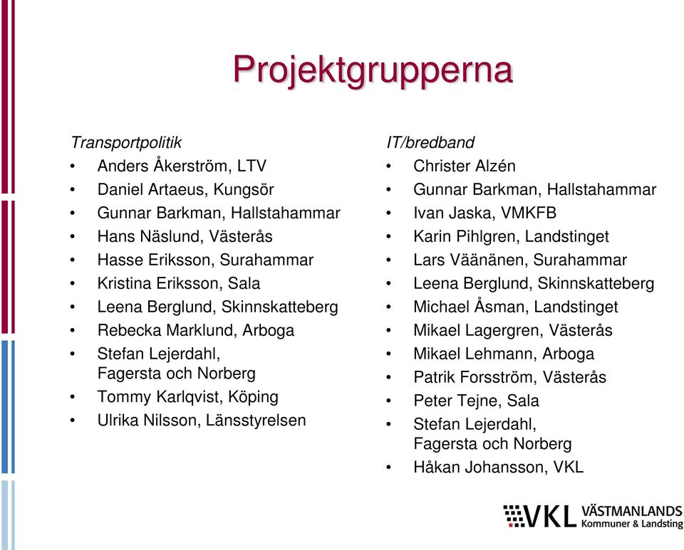 IT/bredband Christer Alzén Gunnar Barkman, Hallstahammar Ivan Jaska, VMKFB Karin Pihlgren, Landstinget Lars Väänänen, Surahammar Leena Berglund, Skinnskatteberg Michael