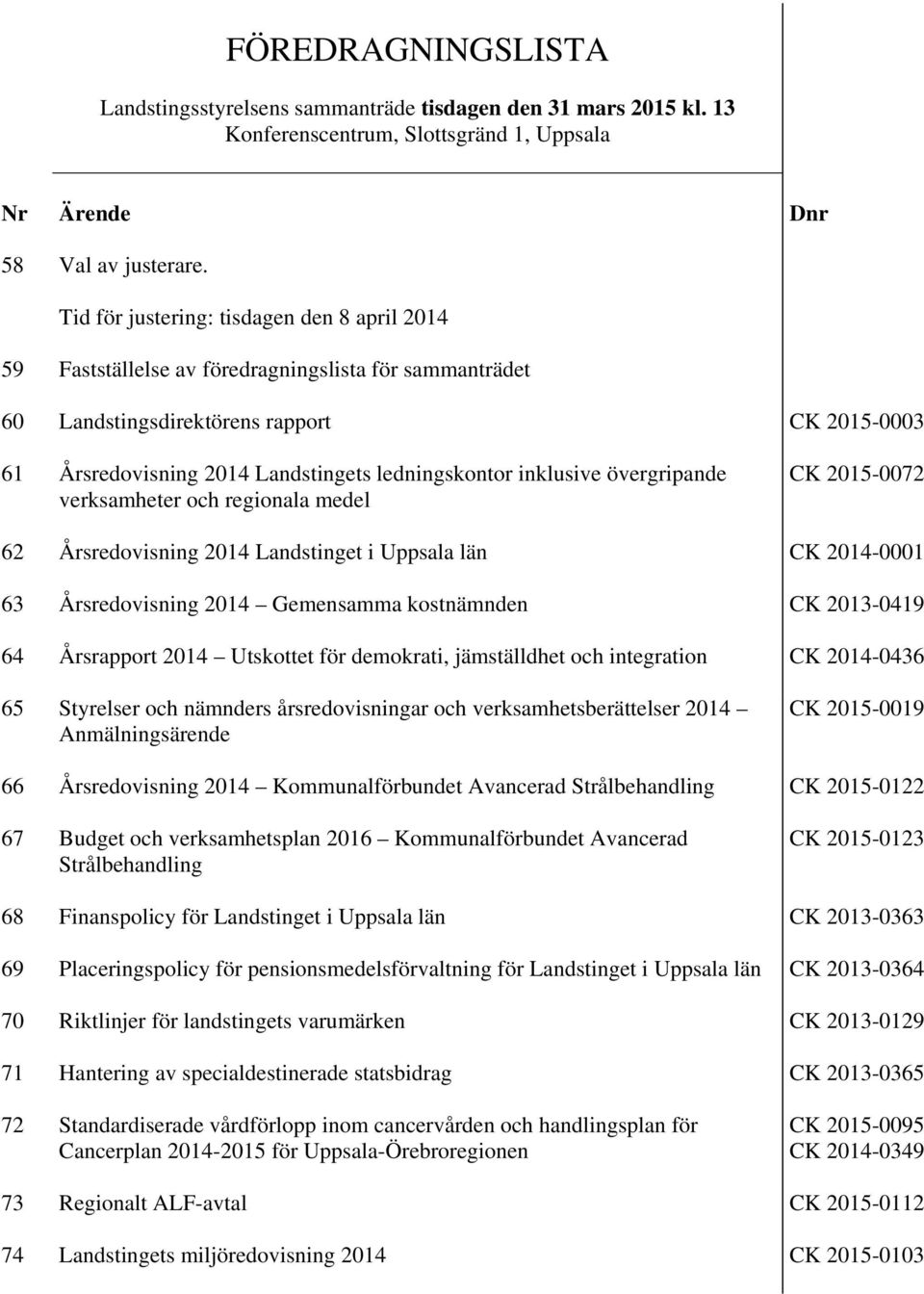 inklusive övergripande verksamheter och regionala medel CK 2015-0072 62 Årsredovisning 2014 Landstinget i Uppsala län CK 2014-0001 63 Årsredovisning 2014 Gemensamma kostnämnden CK 2013-0419 64