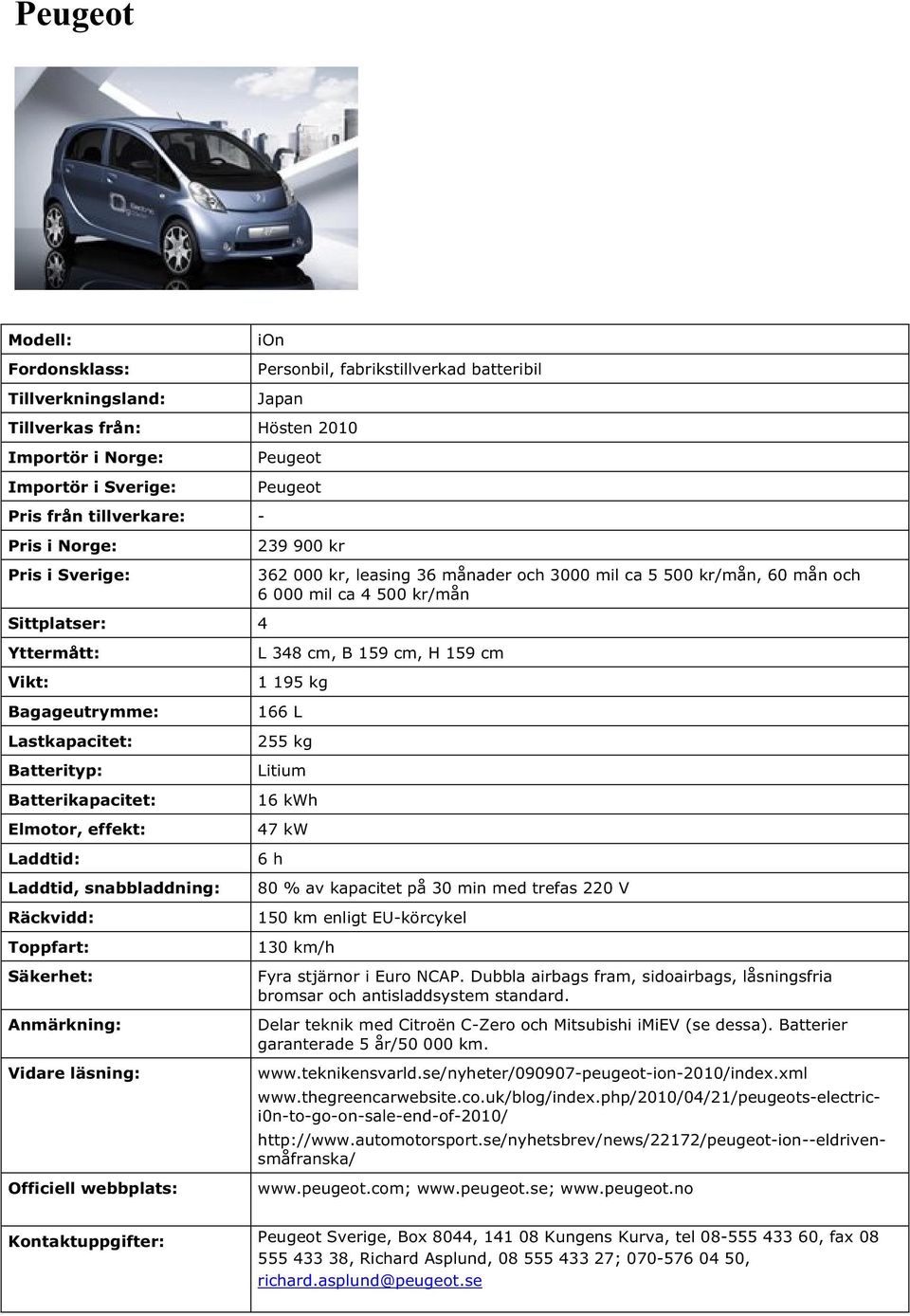 16 kwh 47 kw 6 h 80 % av kapacitet på 30 min med trefas 220 V 150 km enligt EU-körcykel 130 km/h Fyra stjärnor i Euro NCAP.