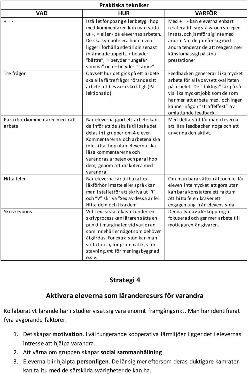 Tre frågor Oavsett hur det gick på ett arbete ska alla få tre frågor rörande sitt arbete att besvara skriftligt. (På lektionstid).