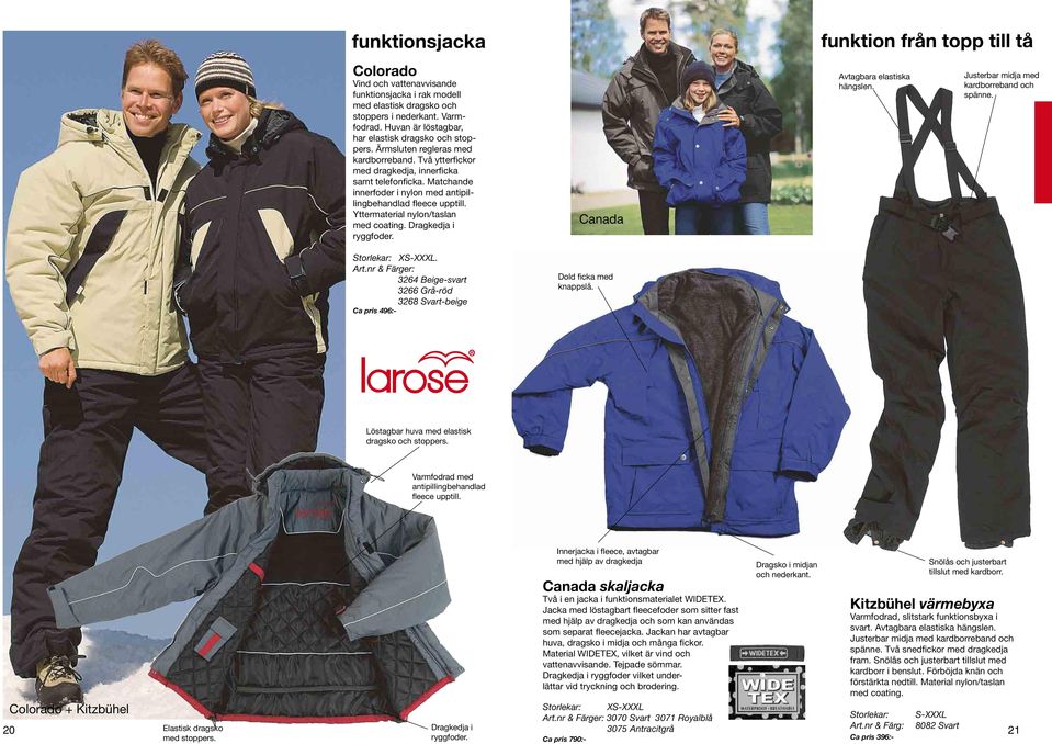 Matchande innerfoder i nylon med antipillingbehandlad fleece upptill. Yttermaterial nylon/taslan med coating. Dragkedja i ryggfoder. Canada Avtagbara elastiska hängslen.