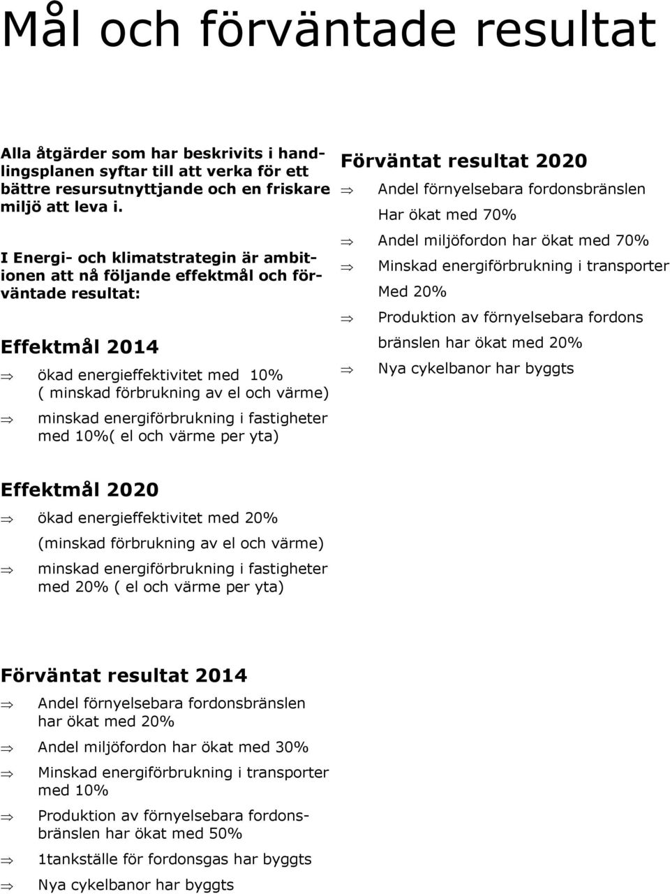 energiförbrukning i fastigheter med 10%( el och värme per yta) Förväntat resultat 2020 Andel förnyelsebara fordonsbränslen Har ökat med 70% Andel miljöfordon har ökat med 70% Minskad