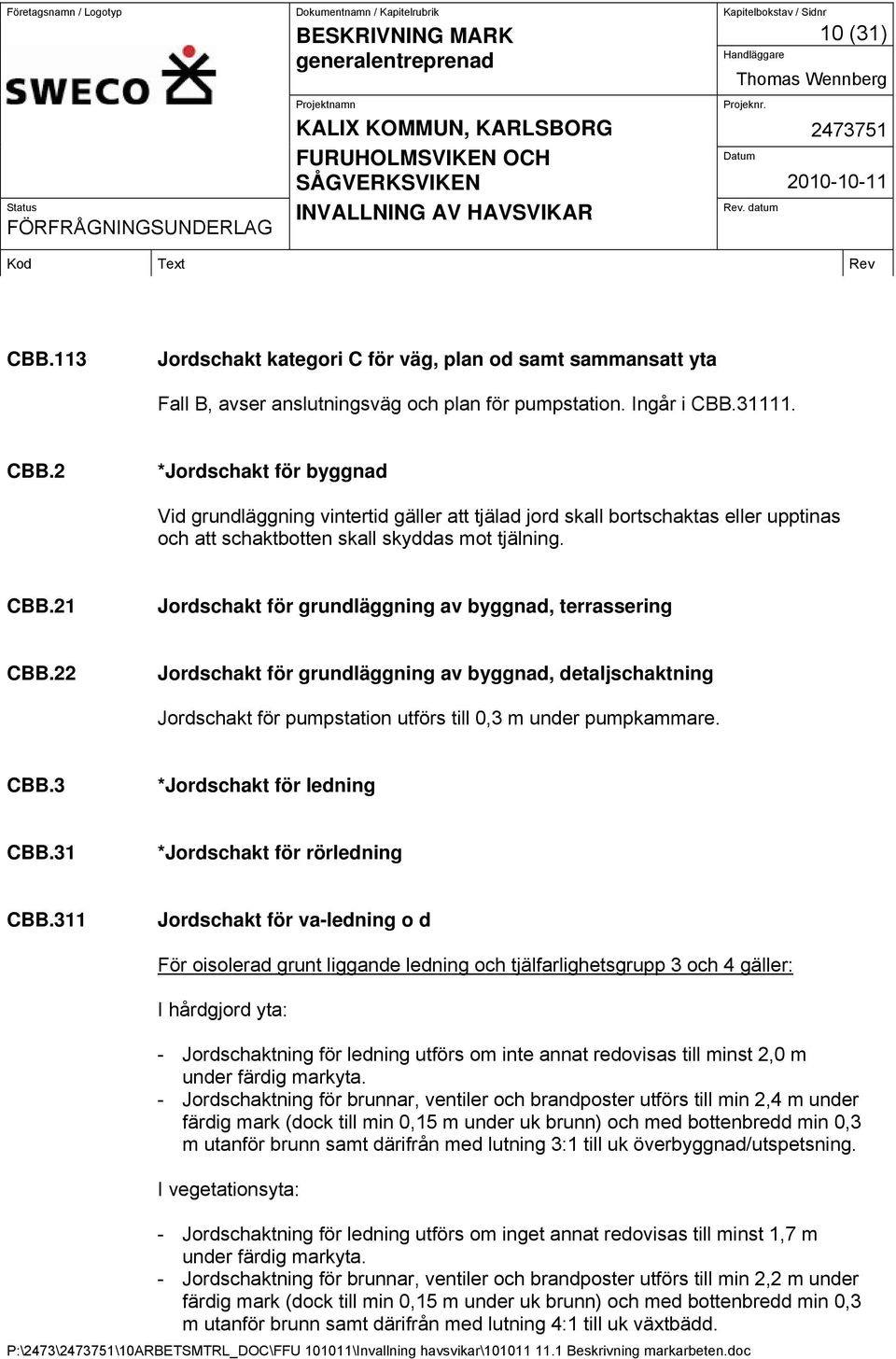 31 *Jordschakt för rörledning CBB.